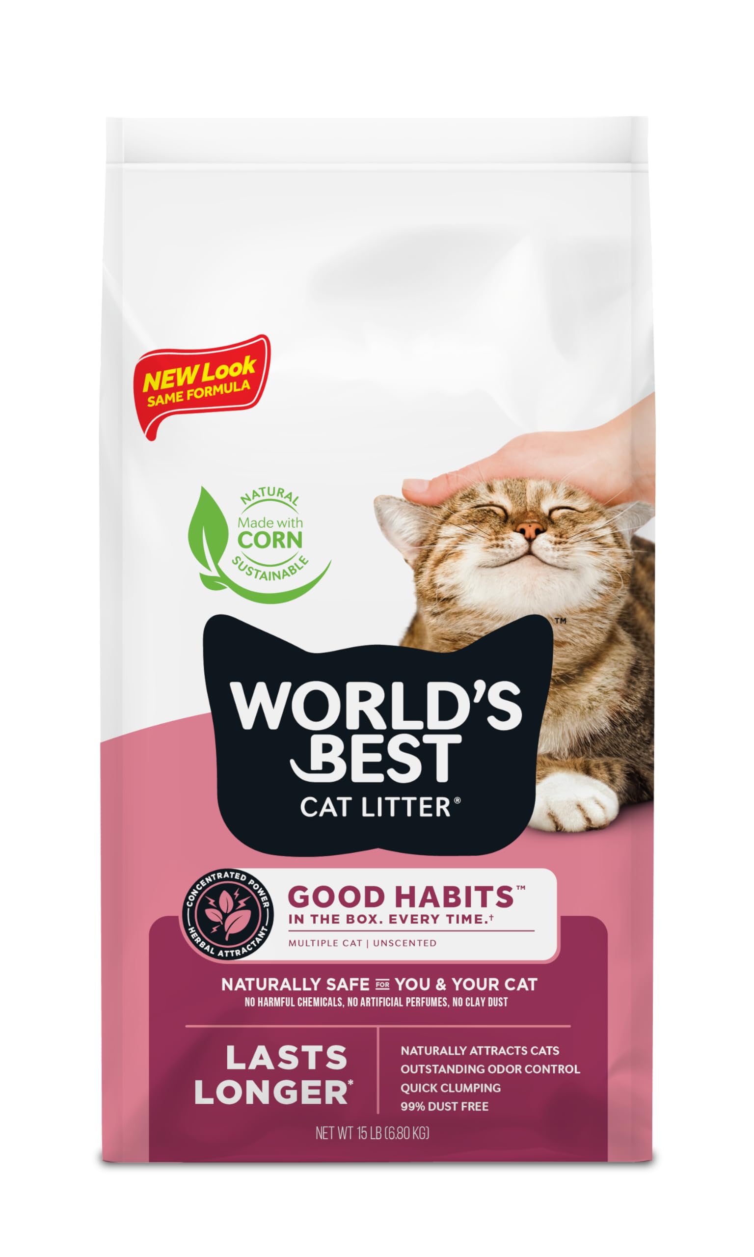 WORLD'S BEST CAT LITTER Good Habits Cat Attract Litter | Natural Plant-Based Attractant | Multicat Flushable Corn Litter | Unscented Odor Control | Low Tracking & Lightweight | Made in USA 15lb Bag