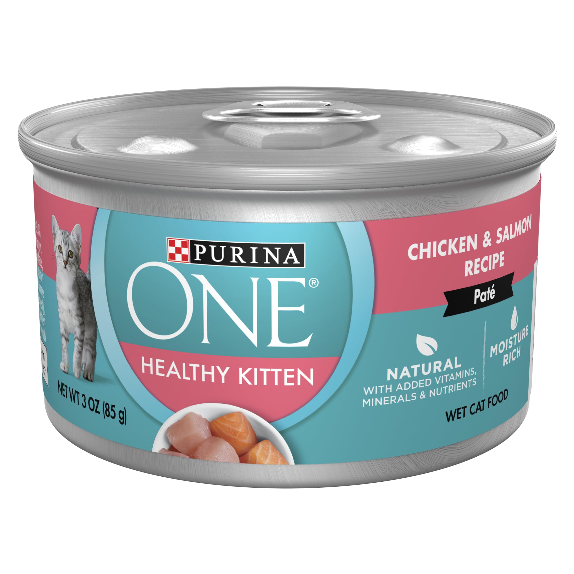 Purina ONE Grain Free, Natural Pate Wet Kitten Food, Healthy Kitten Chicken & Salmon Recipe - (Pack of 24) 3 oz. Pull-Top Cans