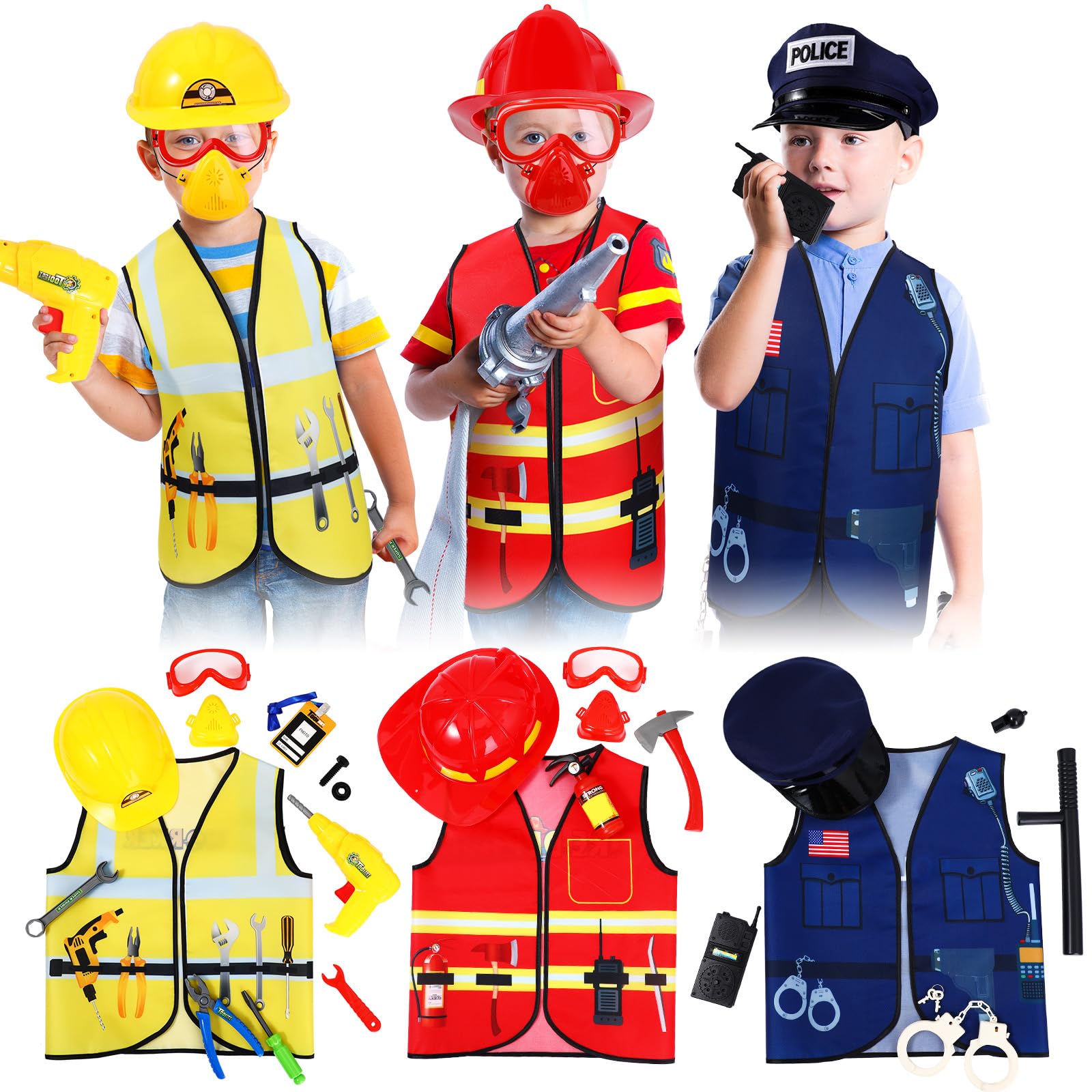 Bonuci 3 Sets Kids Dress up for Play Age 3-7 Years Old,dress up Costumes Vest Set Police,fireman and Worker for Toddler Kids Boys Pretend Role Accessories