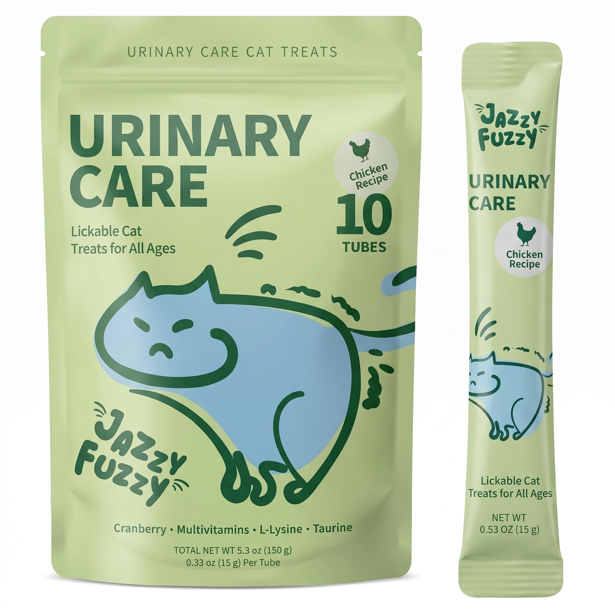 Cat Urinary Treats Lickable, Cranberry, Taurine & L-Lysine for Daily Urinary Wellness,Grain-Free Squeezable Cat Treats with Multivitamins, Real Chicken, 10 Tubes