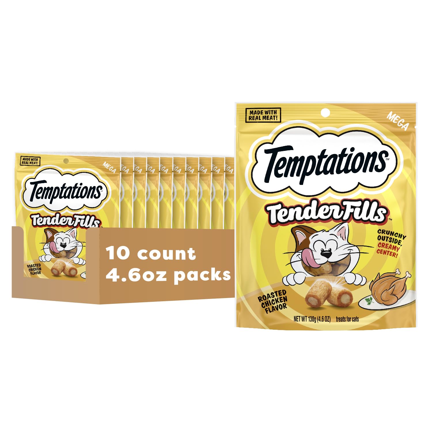 Temptations Tender Fills Crunchy and Soft Adult Cat Treats, Roasted Chicken Flavor, 4.6 oz. Pouch (Pack of 10)