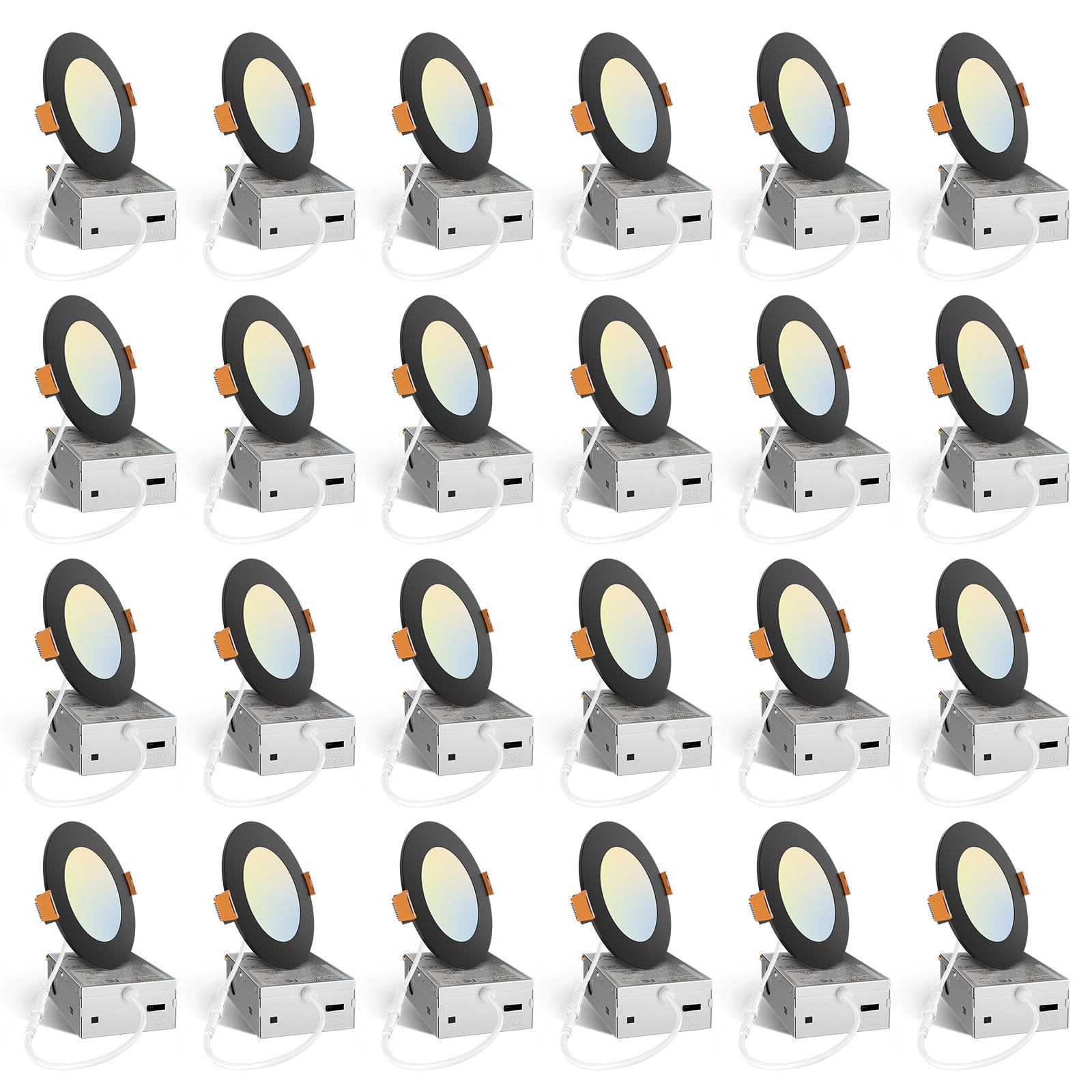 Amico 24 Pack 4 Inch Black 5CCT Ultra-Thin LED Recessed Ceiling Light with J-Box, 2700K/3000K/3500K/4000K/5000K Selectable, 10W Eqv 70W, Dimmable Canless Downlight, 800LM High Brightness, ETL, FCC