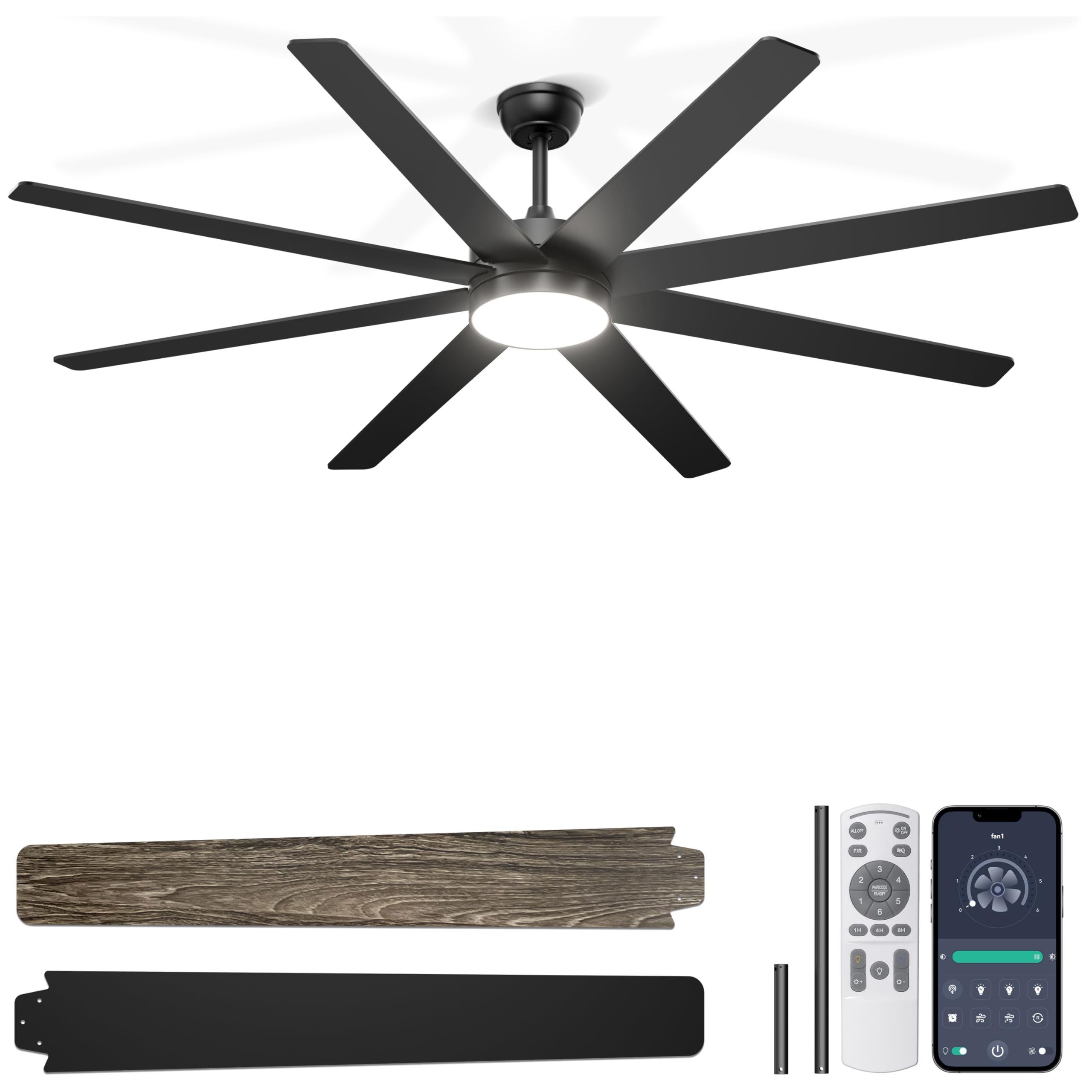 72'' Large Ceiling Fans with Lights, Modern Black Ceiling Fan Remote/APP Control, Dimmable, Quiet DC Motor Big Ceiling Fan for Indoor/Covered Outdoor