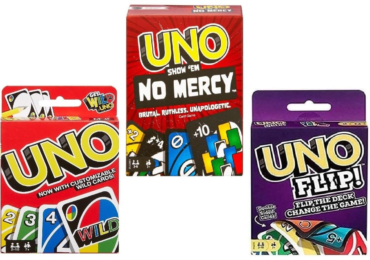 Mattel Uno No Mercy, Uno and Flip Card Game, Combo Pack of 3