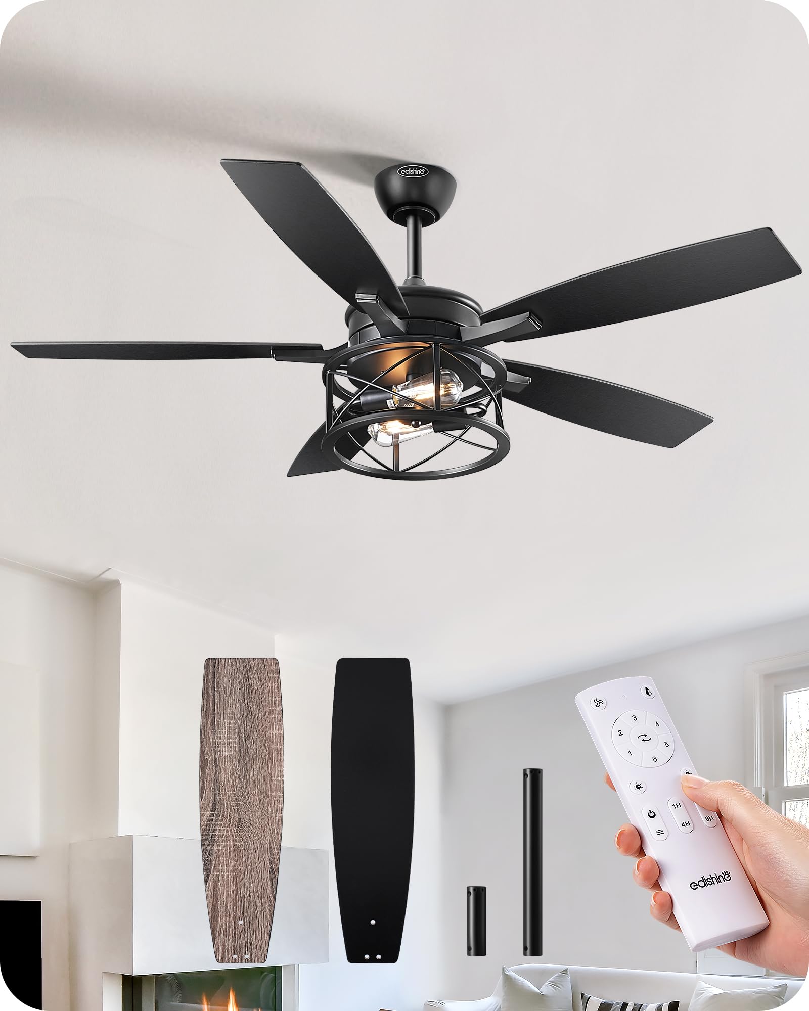 EDISHINE 52" Black Farmhouse Ceiling Fans With Lights, Remote Control, Dimmable, Reversible DC Motor, 5 Wooden Blades Rustic Indoor/Outdoor Ceiling Fan for Living Room Bedroom Porch
