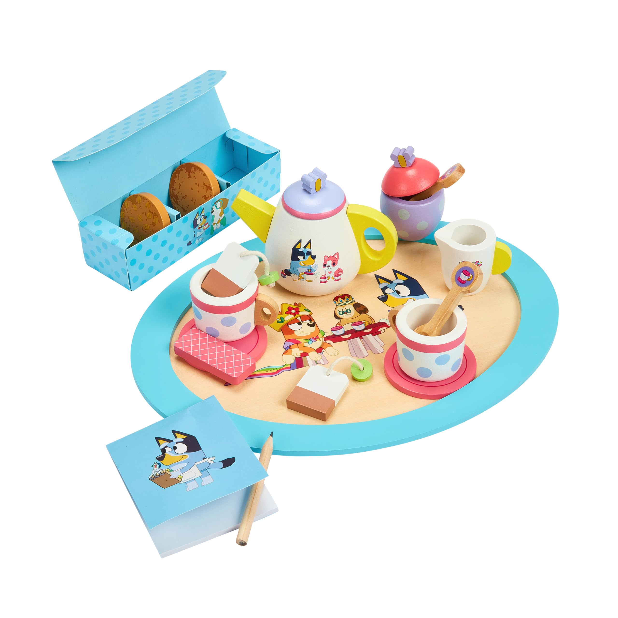 8th Wonder Bluey Toys Wooden Tea Party Set, 18-Piece Durable Toy Tea Set with Tray, Teapot, Teaspoons, and More, Pretend Play for Toddlers of Ages 3+