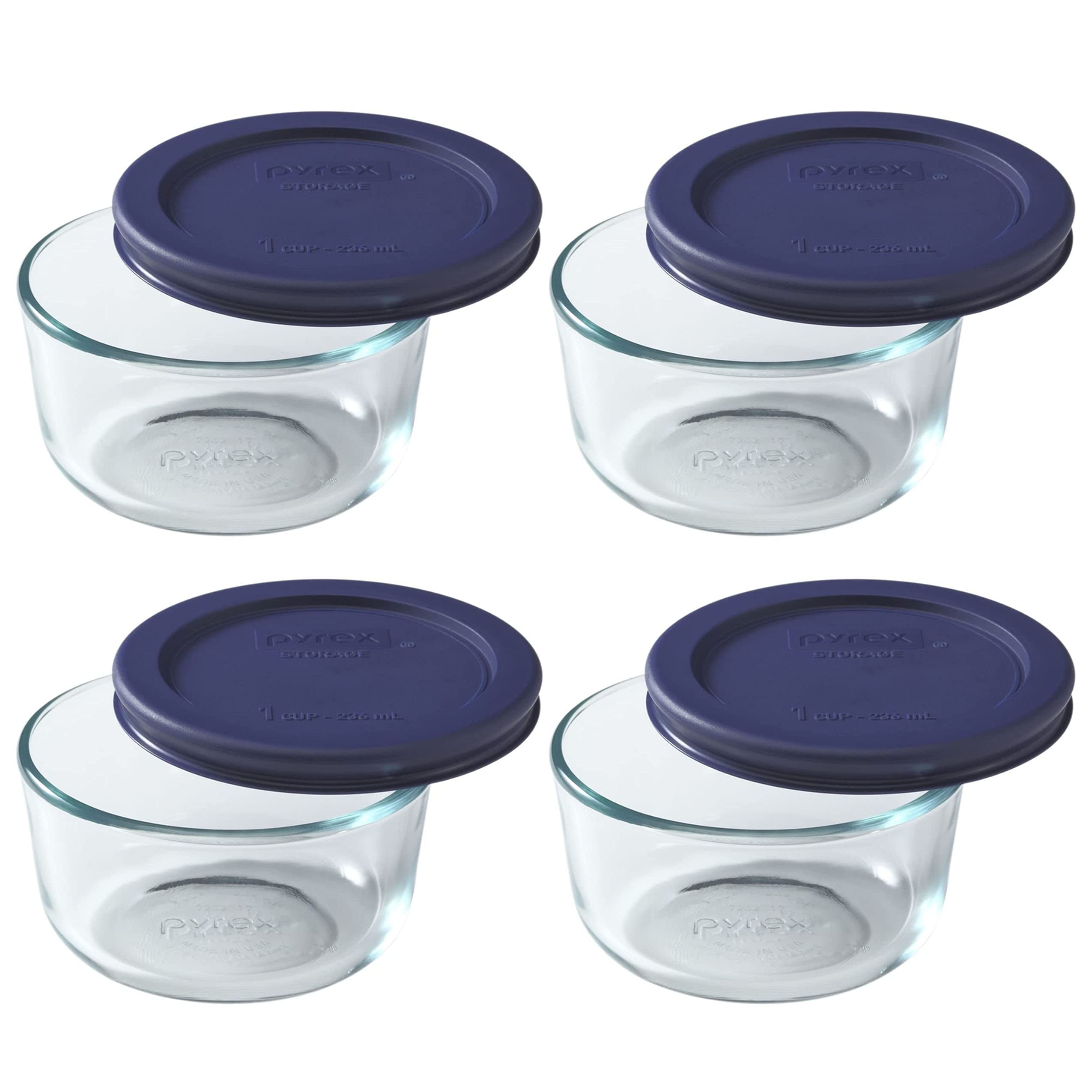 Pyrex 7202 1-Cup Glass Bowl & 7202-PC Dark Blue Lid (4-Pack) - Made in USA