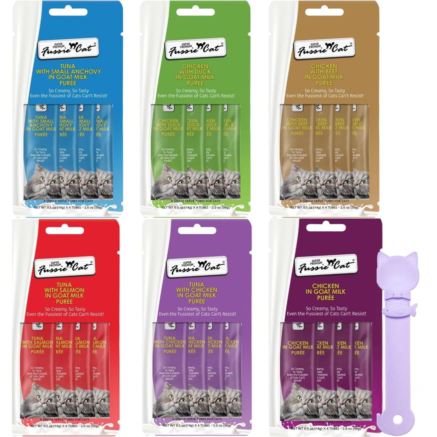 Fussie Cat Super Premium Cat Treats in Goat Milk Puree, lickable cat Treats,6 Packs of 4-0.5oz Tubes, Variety Flavor Pack of 6 Flavors + Freeding Spoon