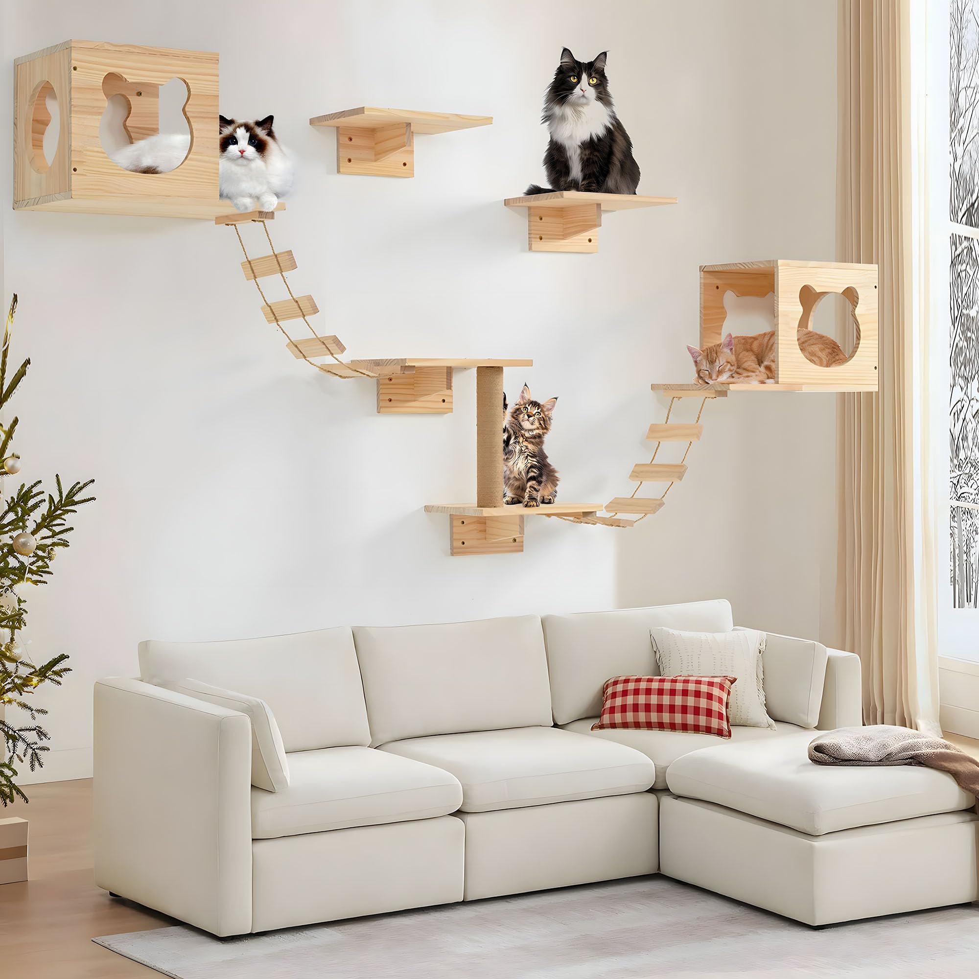 PETKABOO Cat Wall Shelves and Perches, Pine Wooden Cat Wall Furniture Climbing Shelves with Climber, Condo, Scratching Post, Ladder & Platform