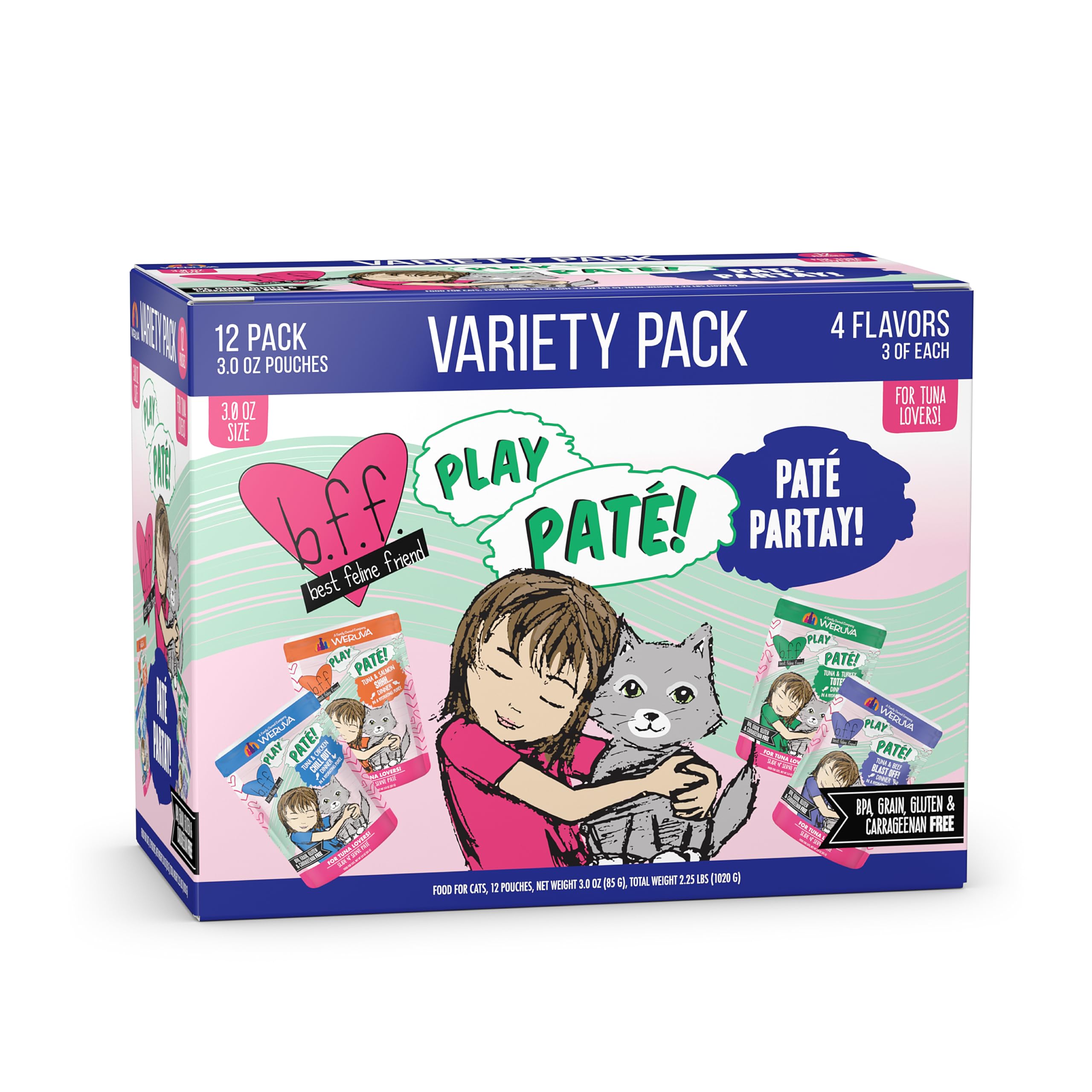 Weruva B.F.F. Play - Best Feline Friend Paté Lovers, Aw Yeah!, Paté Partay! Variety Pack, 3oz Pouch (Pack of 12)
