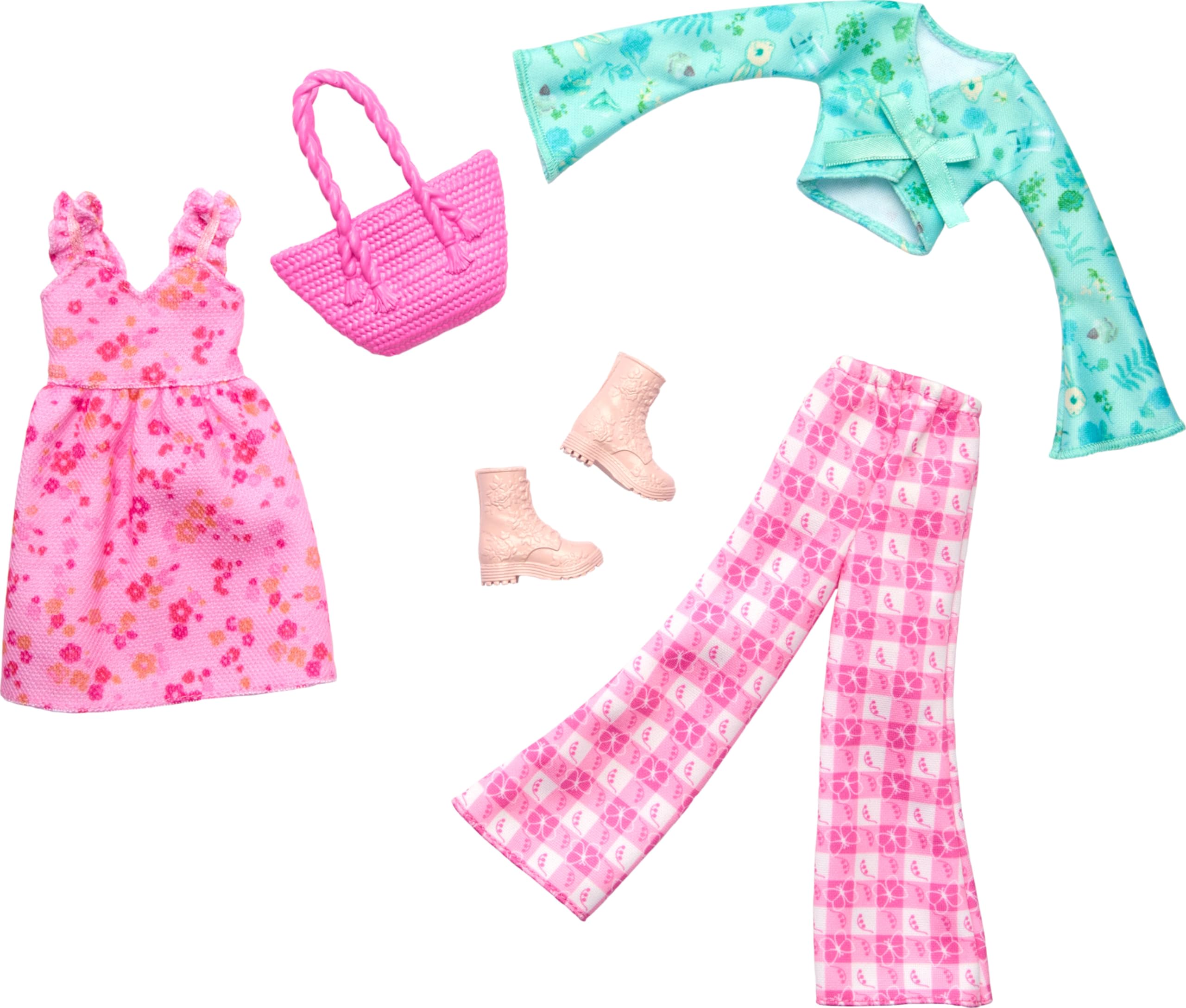 Barbie Clothes, Doll Fashions and Accessories Set Featuring 2 Complete Cottage Core Outfits, Including Floral Dress, Gingham Pants and More