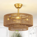Boho Caged Fandelier with Lights Flush Mount Rattan Ceiling Fan with Lights and Remote Control, Enclosed 6 Speeds Low Profile Fan Light for Bedroom, Living Room, Kitchen