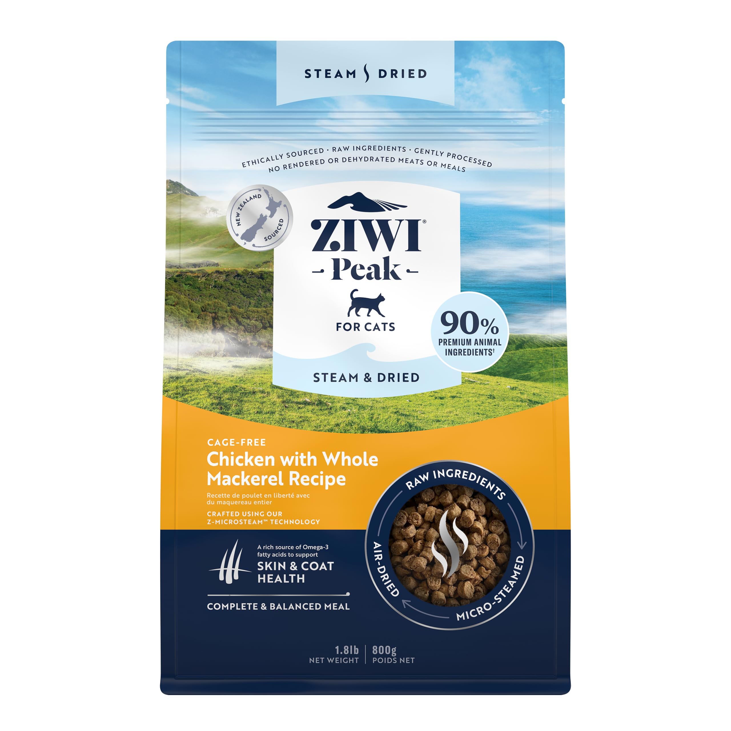ZIWI Peak Steam & Dried Cat Food – Cage-Free Chicken w/Whole Mackerel - High Protein, Skin & Coat Health, Low Carb, for All Life Stages (28.8oz)