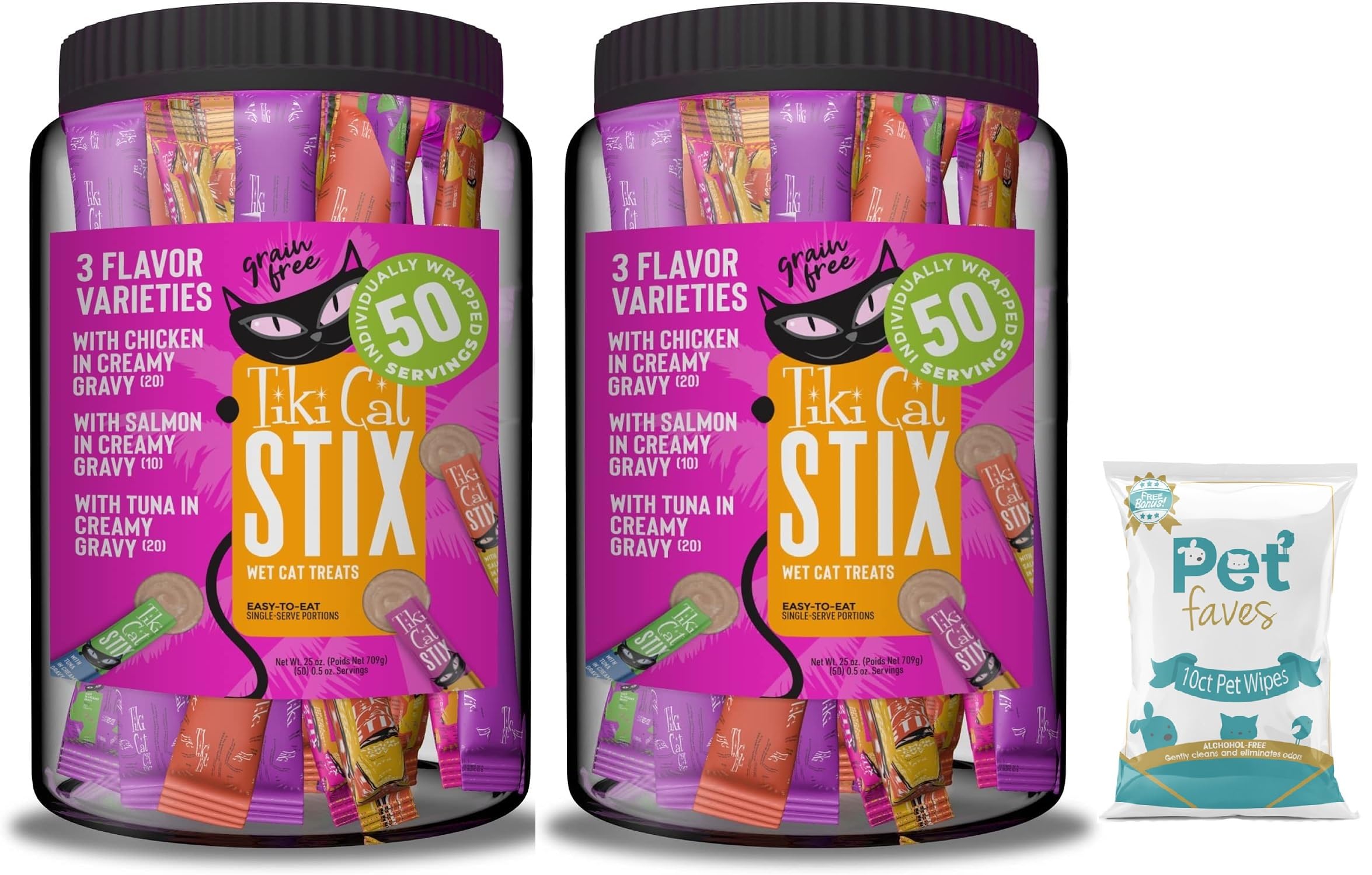 (2 Jar) Tiki Cat Stix Mousse Treats, Variety Mega Jar, Single Serve Indulgent Lickable Treat or Dry Food Topper, 50 Count, 25 oz. (0.5 oz./Stick)