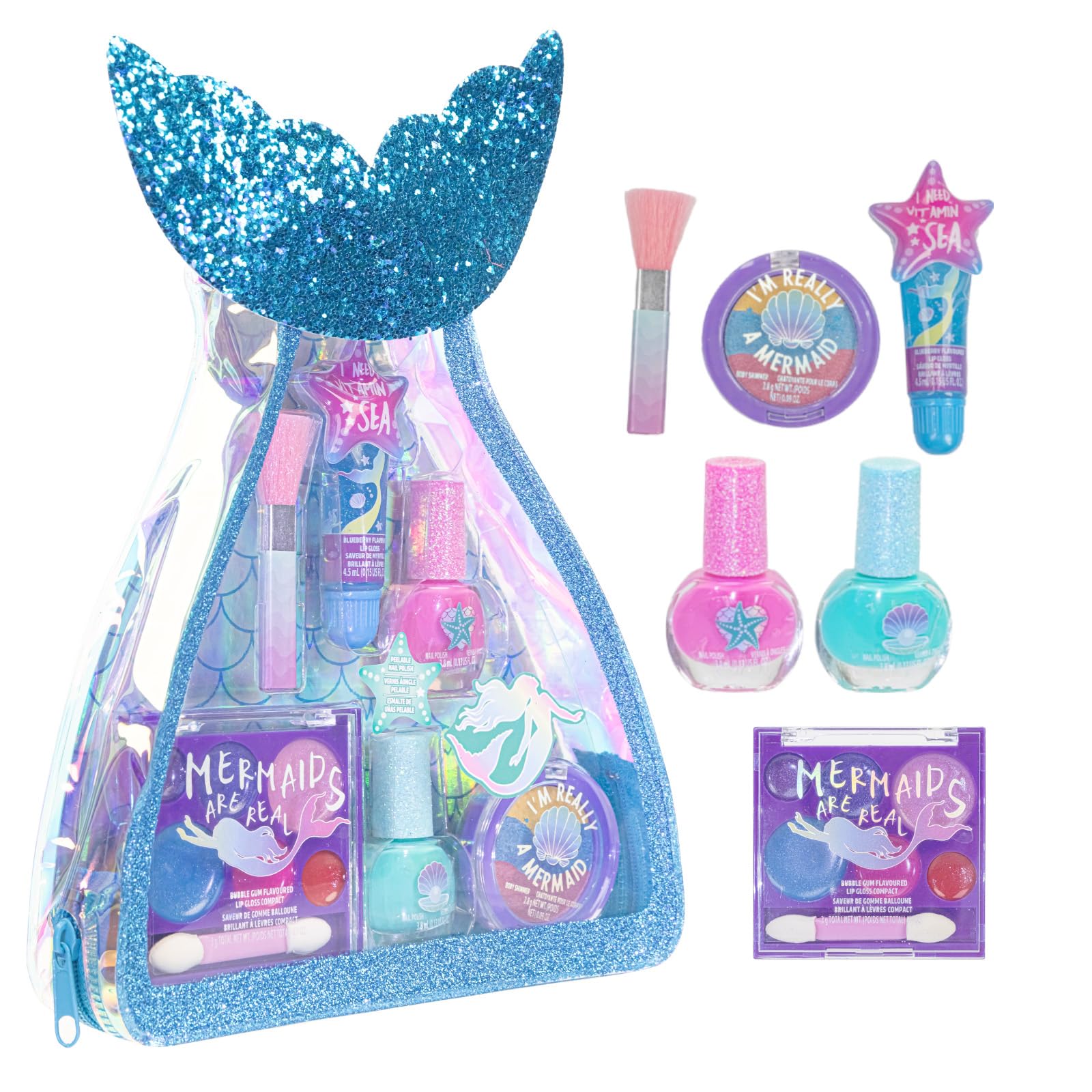 Townley Girl Kids Makeup Set in Mermaid Bag, Includes Lip Gloss, Nail Polish, Body Shimmer, Perfect for Birthday Gift, Party Favor, Makeover, Sleepover, for Girls Ages 3+