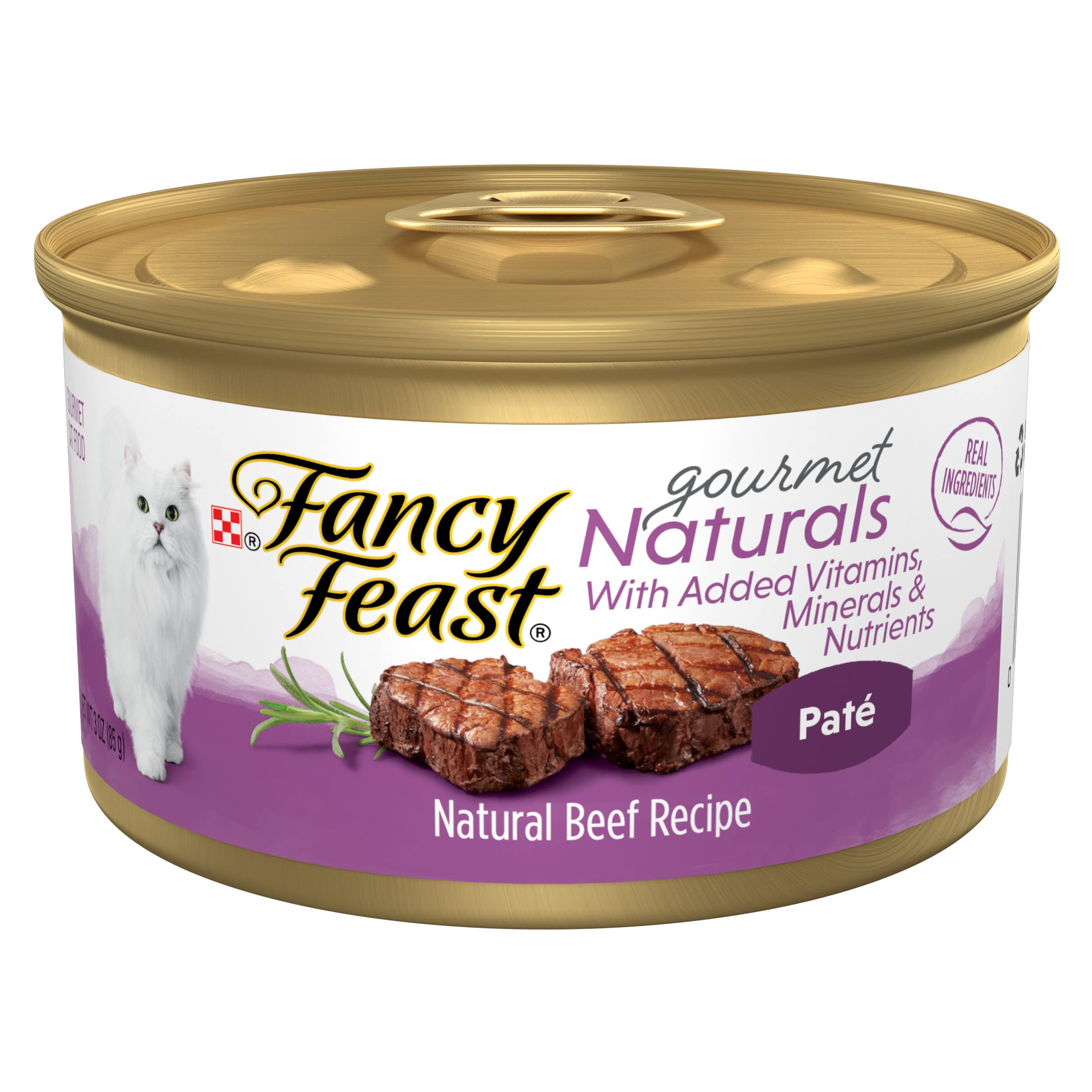 Purina Fancy Feast Pate Wet Cat Food Gourmet Naturals Beef Recipe With Added Vitamins, Minerals and Nutrients - (Pack of 12) 3 oz. Cans