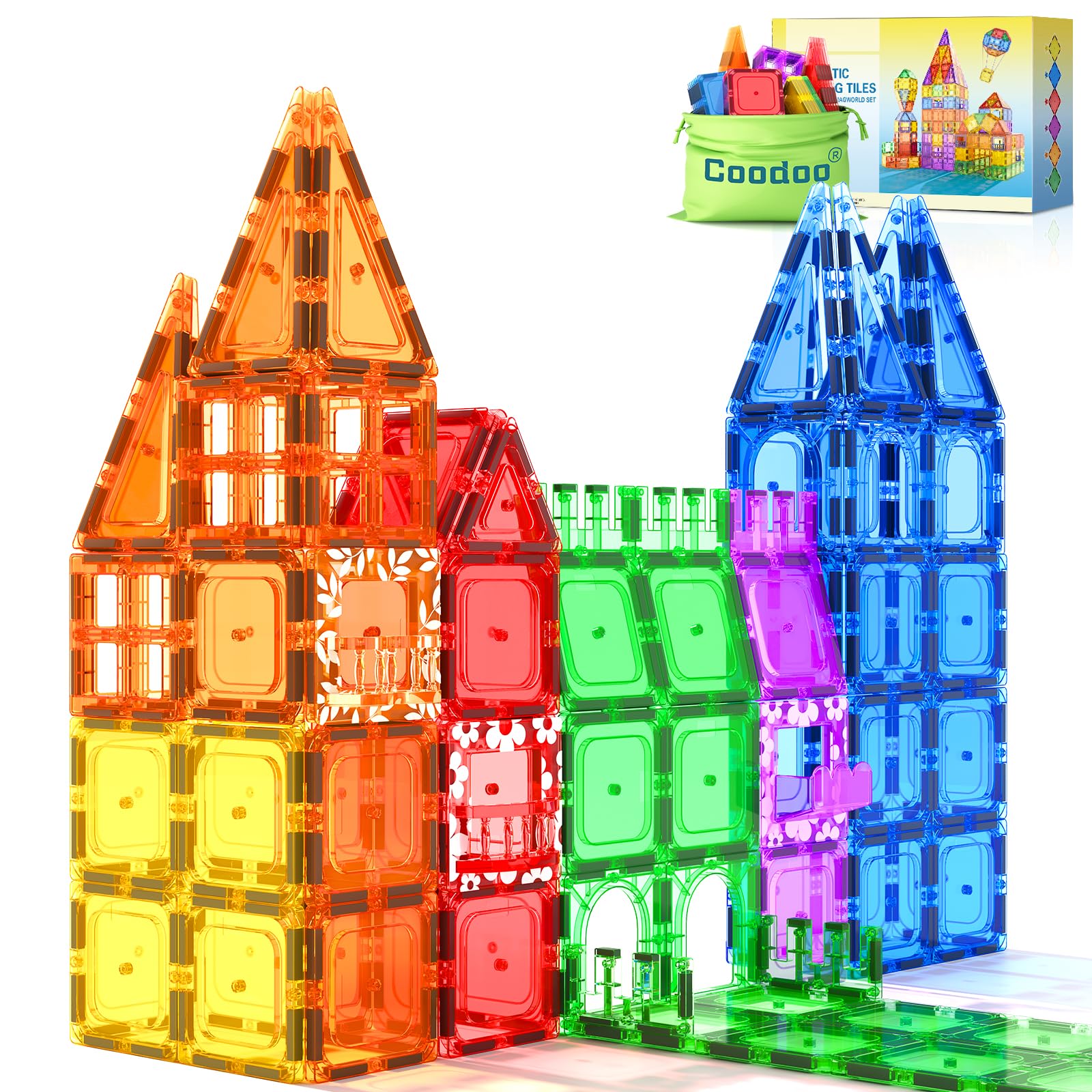 Coodoo 60 PCS Magnetic Building Tiles Kids Toys STEM Magnetic Blocks Sensory Toys Kids Games Magnet Building Toy for Boys and Girls Aged 3+, Kid Brain Development Preschool Kindergarten Toddler Toy