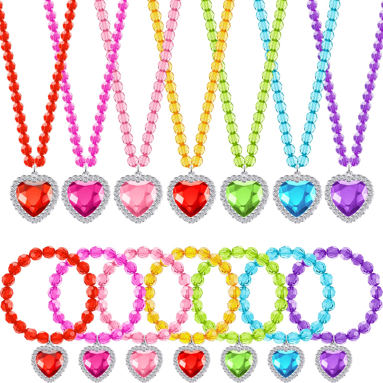 Sureio 7 Sets Girl Dress up Jewelry Toddler Princess Bracelet Necklaces Kids Valentine's Day Costume Jewelry Set for Girl Tea Costume Party