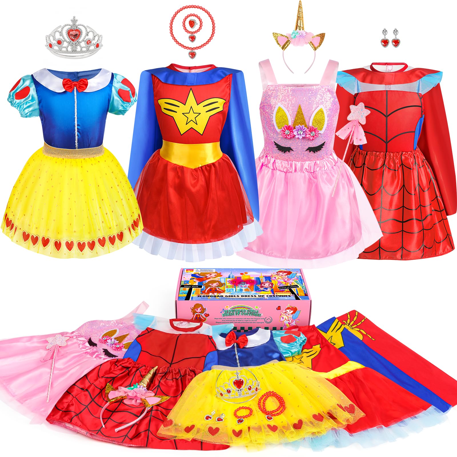 Jeowoqao Toddler Girls Dress up Costumes, Princess Dress Up Clothes for Little Girls, Kids Dress Up Pretend Play Set with Supergirl Princess Costumes Toy Gift for Girls Ages 3 4 5 6 Years