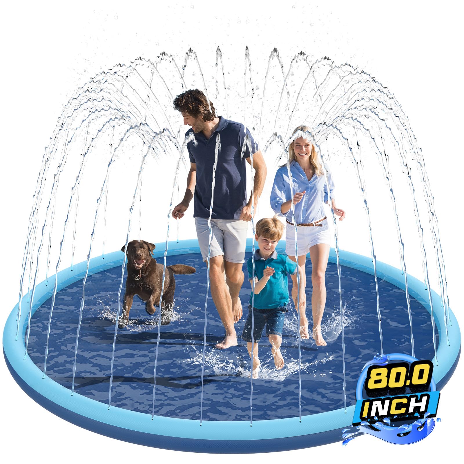 Non-Slip Splash Pad for Kids and Dog, 80" Extra Large Baby Play Mat, Dog Pool Toys, Thicken Sprinkler Pool Summer Outdoor Water Toys for Ages 3-12 Boys Girls, Parent-Kids &Games Fun Backyard (Blue)