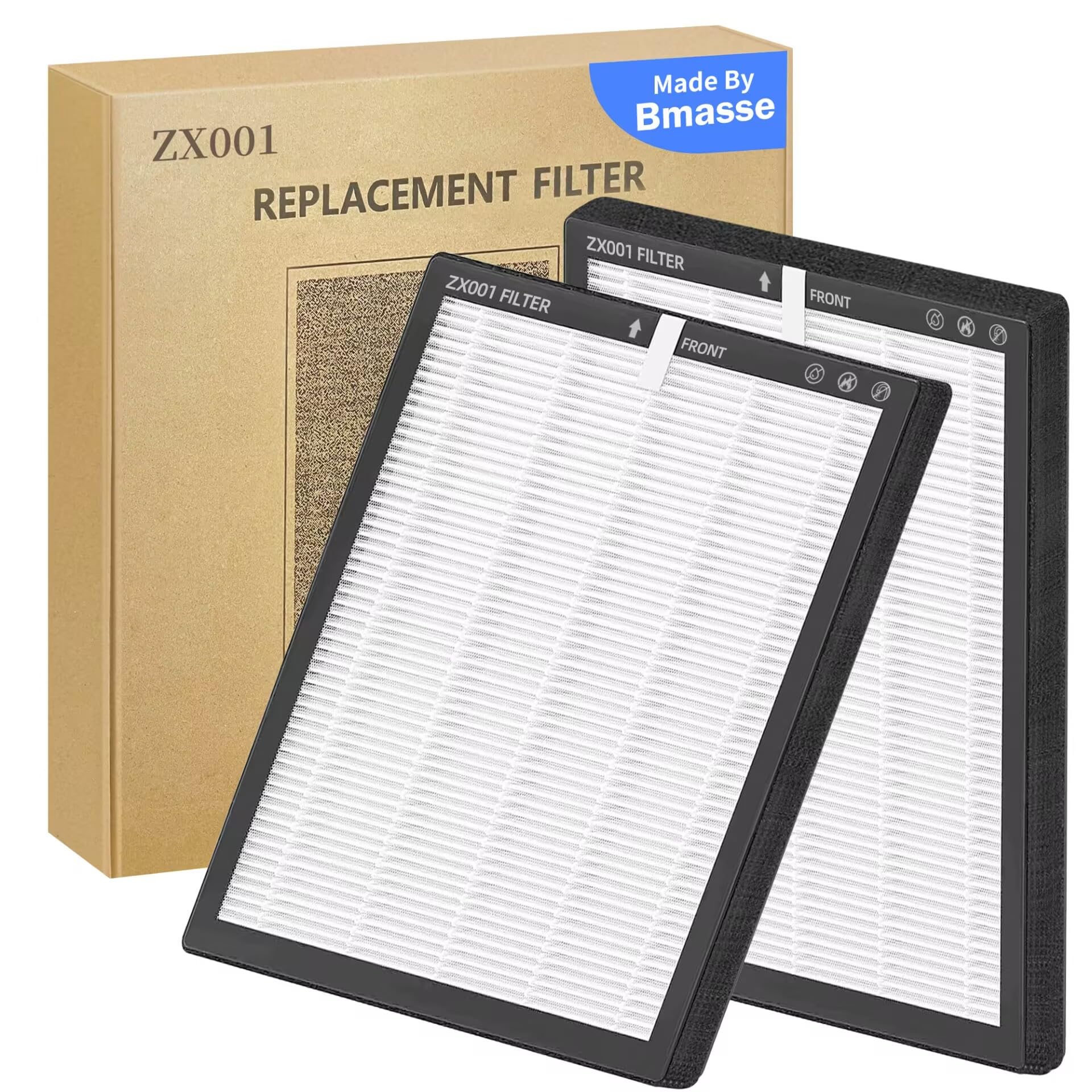 2 Pack ZX001 Filter Replacement Compatible with Bmasse ZX001 Air Purifier for Home Large Room Up to 3000 Ft², Pet Air Purifier Filters for Bedroom, Pollen Dander Smoke Dust,White