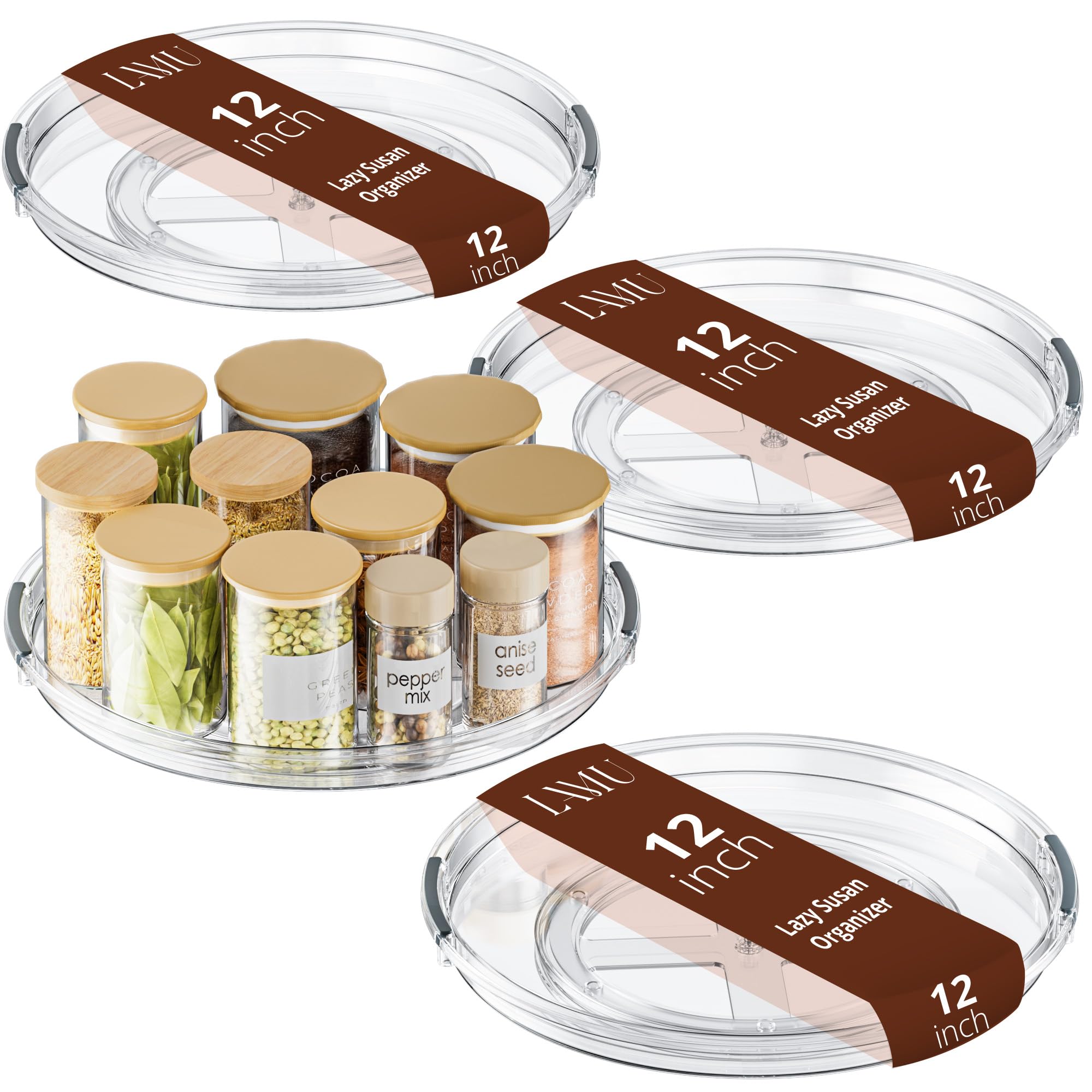 LAMU 12 Inch Lazy Susan Turntable, 360° Rotating Organizer Storage for Cabinet & Table Top, Pantry, Fridge, Bathroom, 4 Pack Clear Spice Rack, Kitchen Storage Tray for Medicine & Countertop