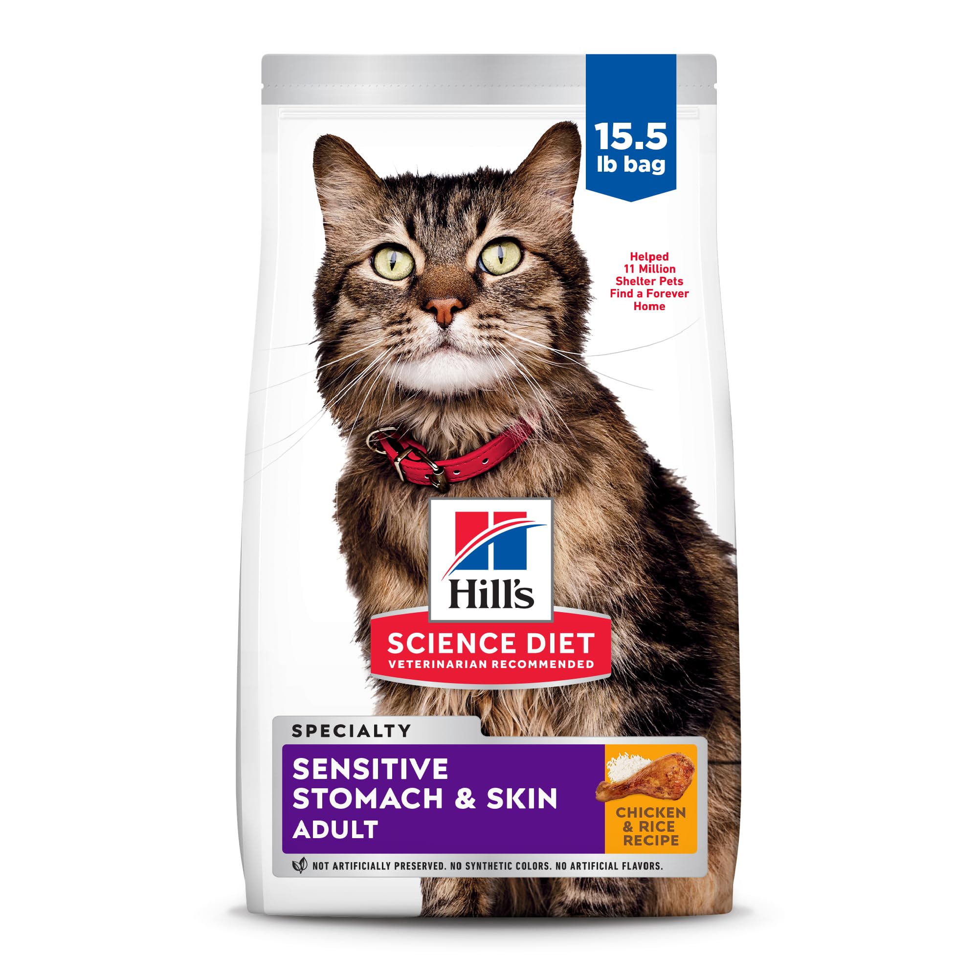 Hill's Science Diet Adult Sensitive Stomach & Skin Dry Cat Food, Chicken & Rice, 15.5 lb. Bag (Updated Formula)