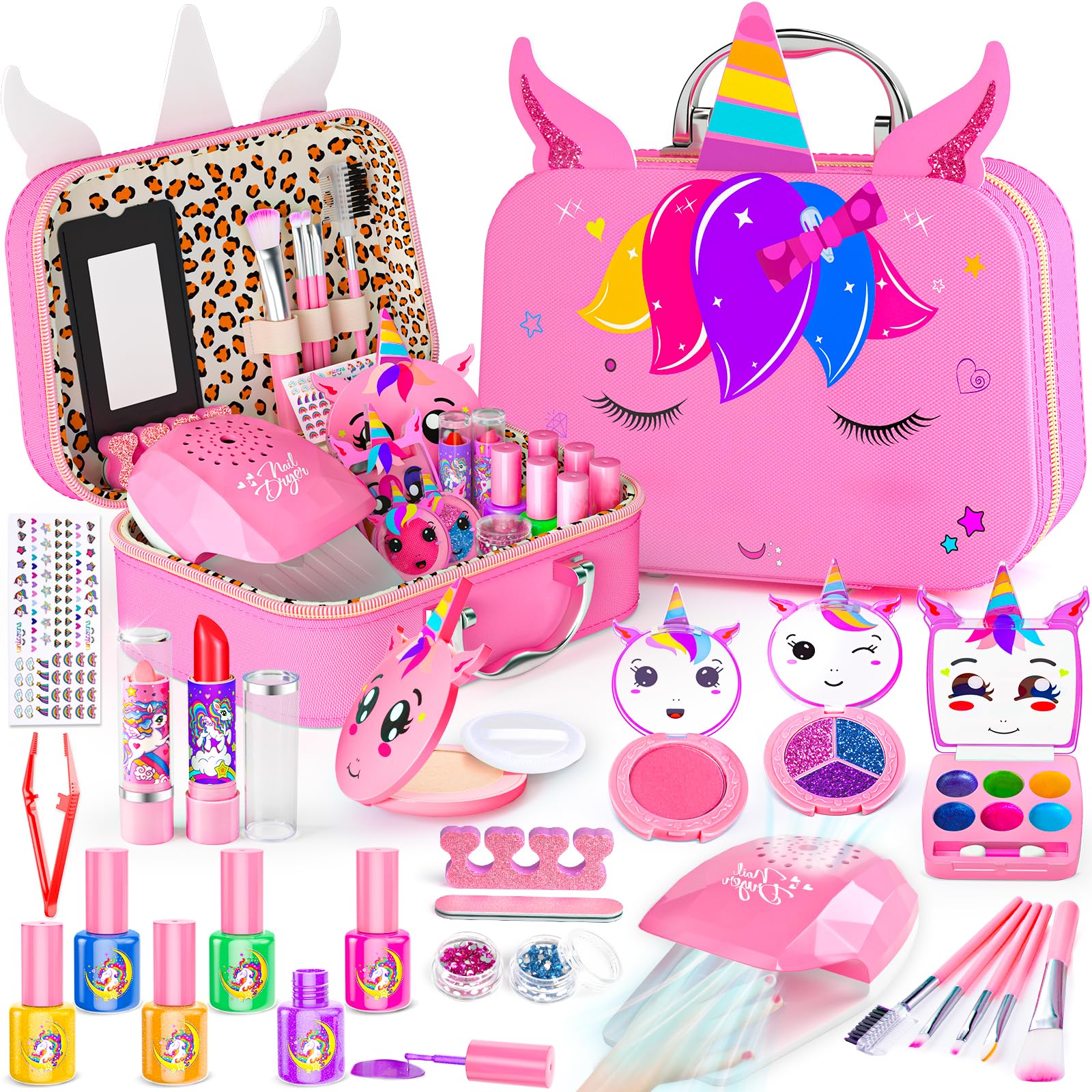 Kids Makeup Kit for Girl - 2 in 1 Kids Washable Makeup Toys & Nail Art Kit with Nail Dryer and Storage Case, Real Girl Makeup Set Birthday Gifts Toys for 3 -12 Year Old Girls, Pink