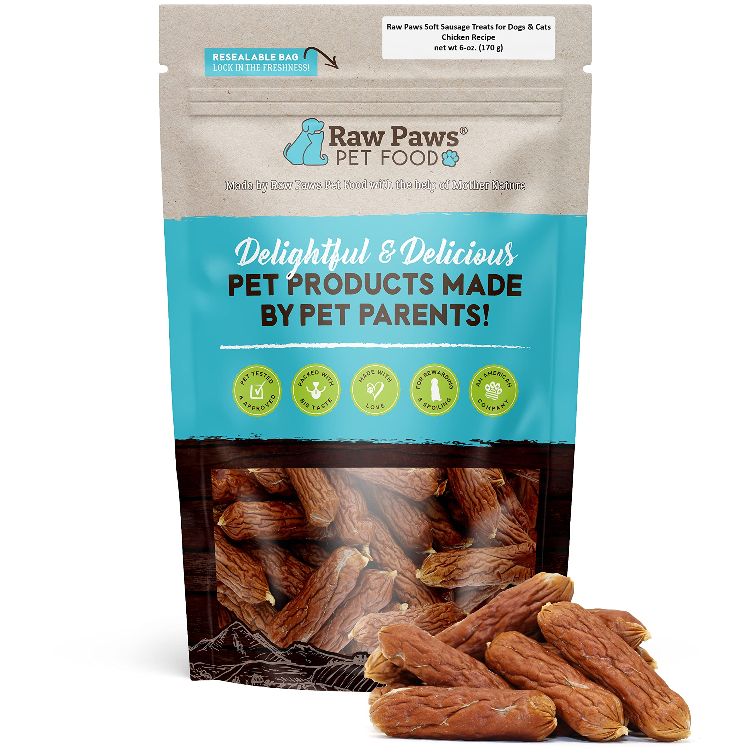 Raw Paws Grain-Free Soft Sausage Treats for Dogs & Cats - Chicken Recipe, 6-oz - USA Chicken Sausage Dog Treats - Soft Treats for Dogs & Cats - Dog Sausage Treats