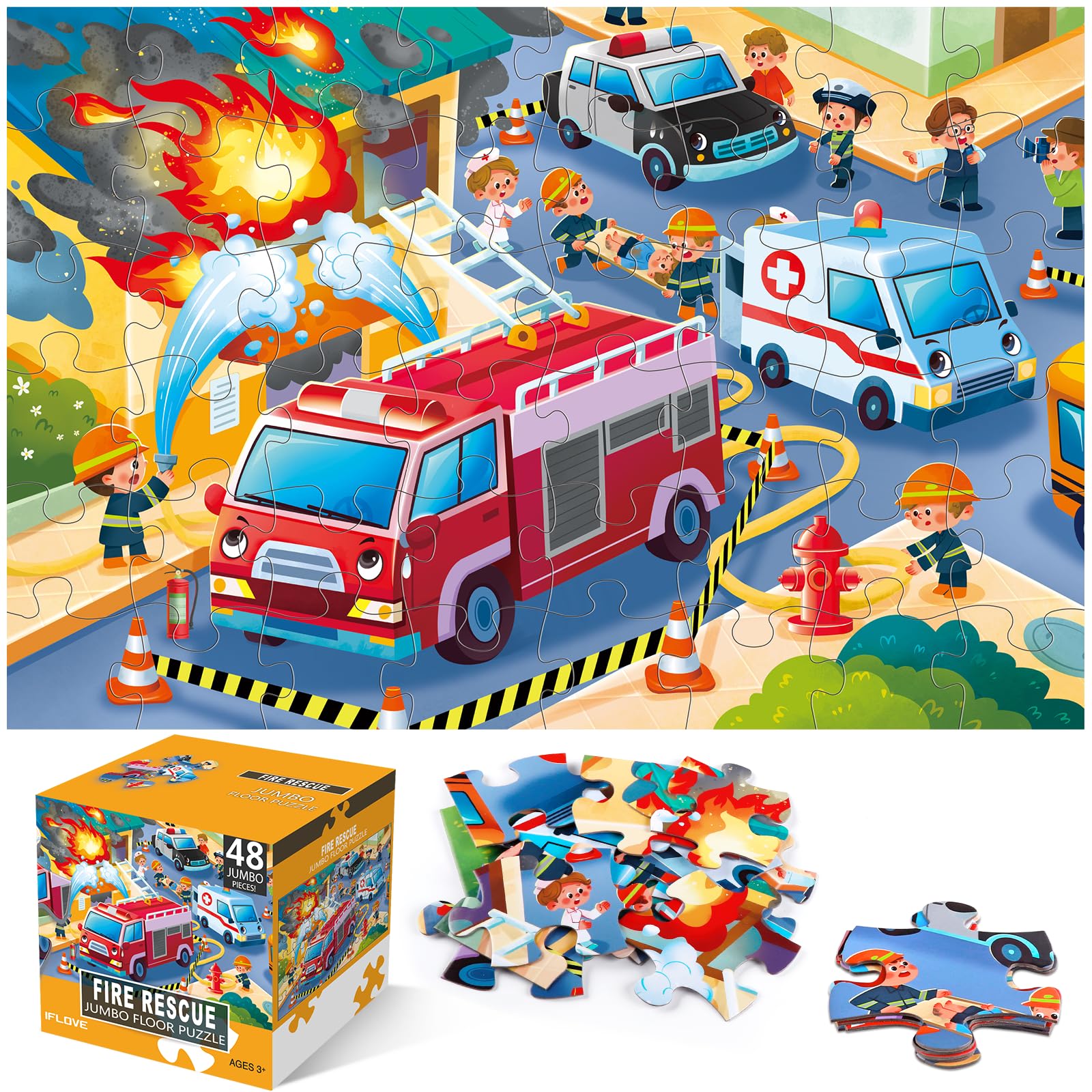 Jumbo Floor Puzzle for Kids,Fire Rescue Jigsaw Large Puzzles,48 Piece Firefighter Fireman Fire Truck Puzzle for Toddler Ages 3-5,Children Learning Preschool Educational Toys,Gift for 4-8 Years Old