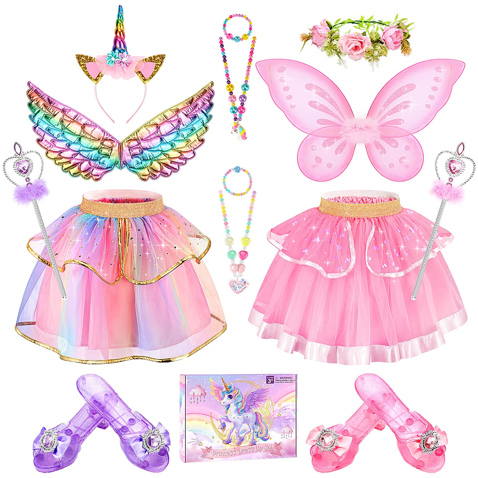 Chillife Princess Dress Up Fairy & Unicorn Costume for Girls 4-6, Toddler Dress with Tutu, Wings, Shoes, Jewelry, Headband Fairy Unicorn Toys for Girls Christmas Halloween Birthday Gift Toys