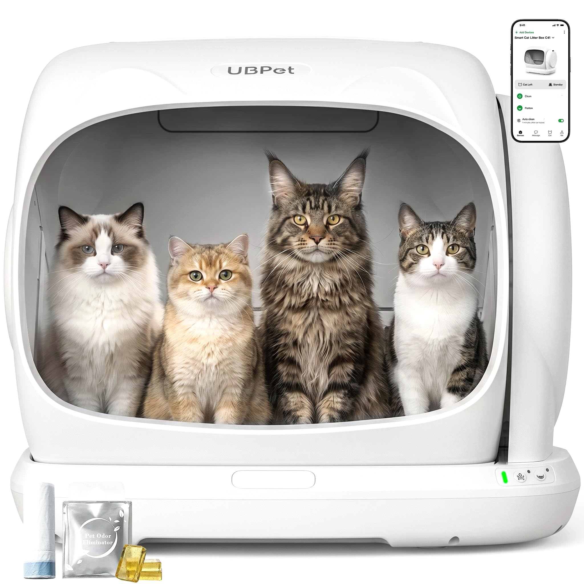UBPET Automatic Litter Box, 106L Extra Large Self-Cleaning Cat Litter Box for Multiple Cats, Smart App Control, Odor-Control System, Anti-Pinch Safety Design, Includes Waste Bags and Deodorizer Blocks