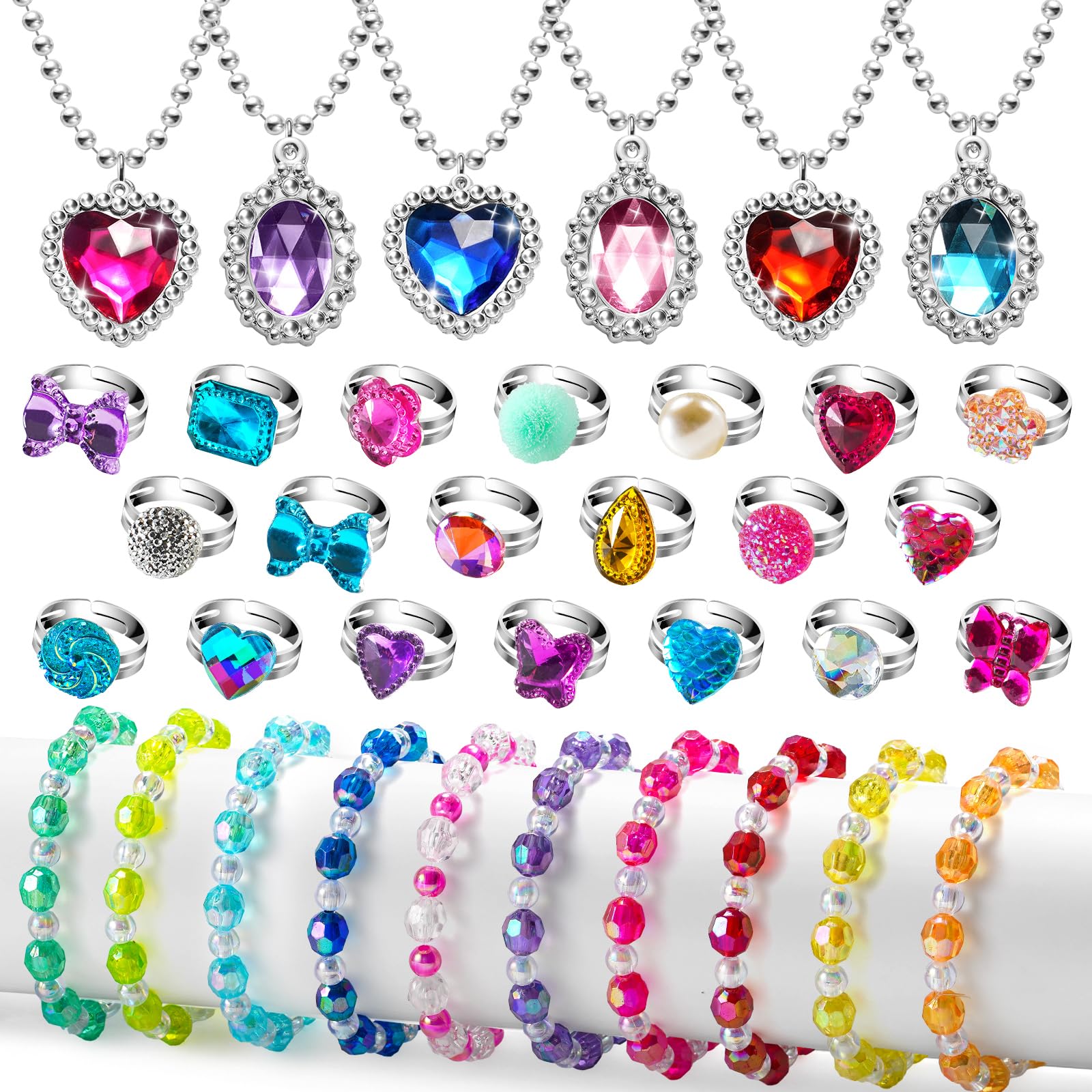 36pcs Princess Play Jewelry Set for Little Girls Ages 4-6, Kids Costume Dress Up Jewelry Necklace Bracelet Rings for Toddlers, Childrens Princess Birthday Party Favors Gift 3 4 5 6 7 8 Year Old Girl