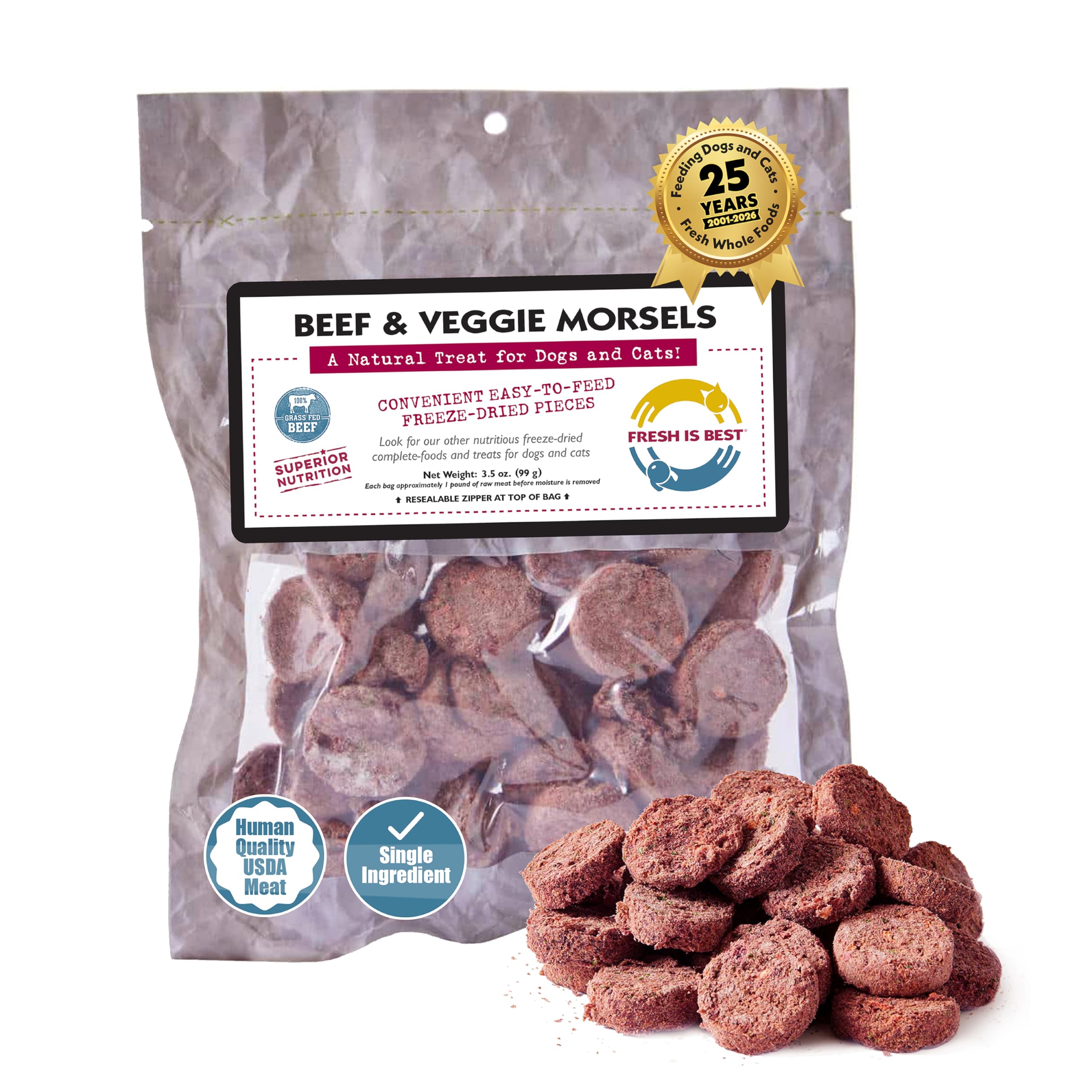 Fresh Is Best Beef & Veggie Morsels Freeze Dried Dog Treats – Raw Freeze Dried Dog Food for Cats & Canines – Training Treat in Resealable Zipper Bag – Grass-fed & Finished Beef Made in the USA