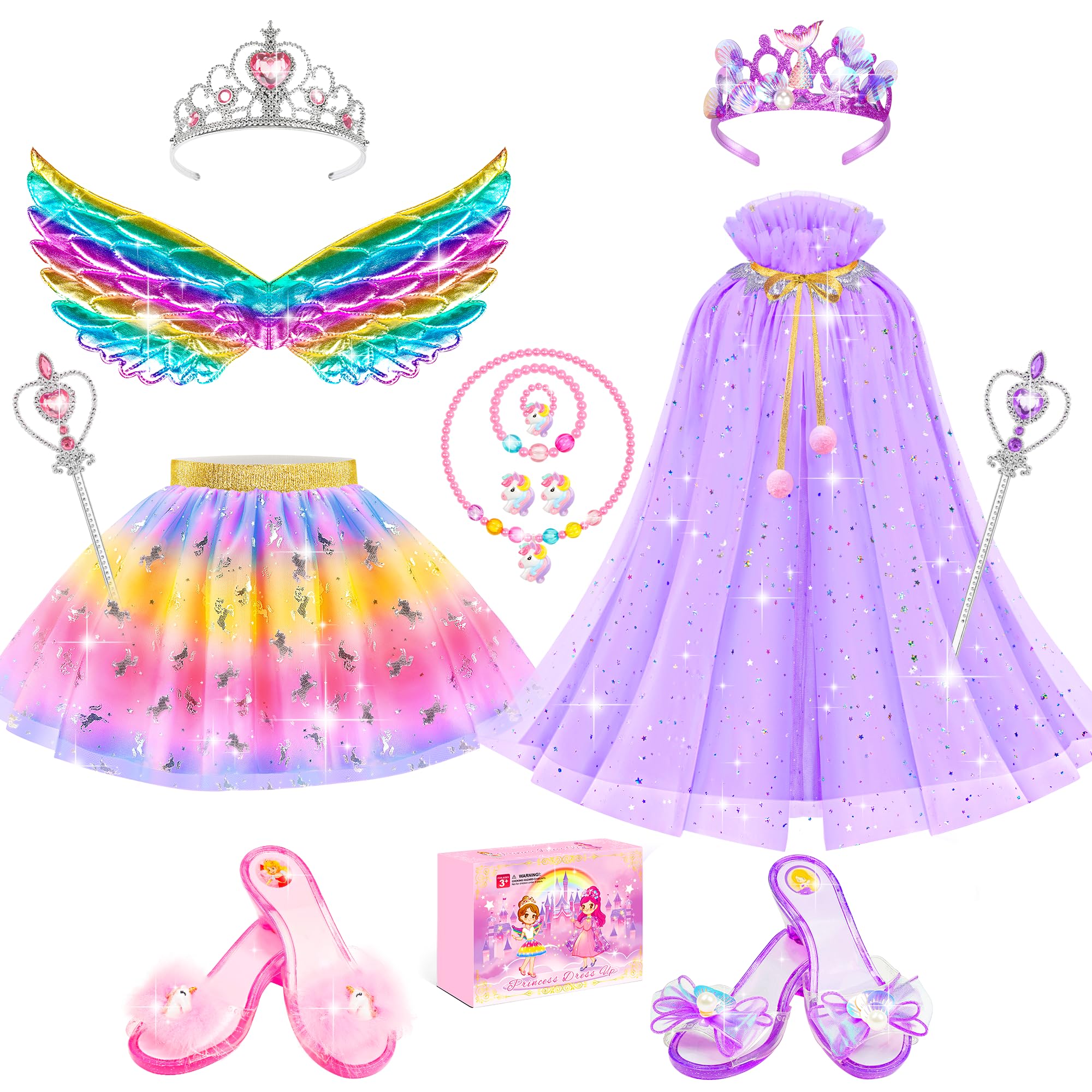 Jeowoqao Princess Dress Up Clothes for Little Girls, Dress Up Shoes Pretend Play Unicorn Mermaid Costumes, Tutu Skirt, Princesss Cape Crown Wand Accessories Toys Christmas Gifts for Girl Kids3 4 5 6