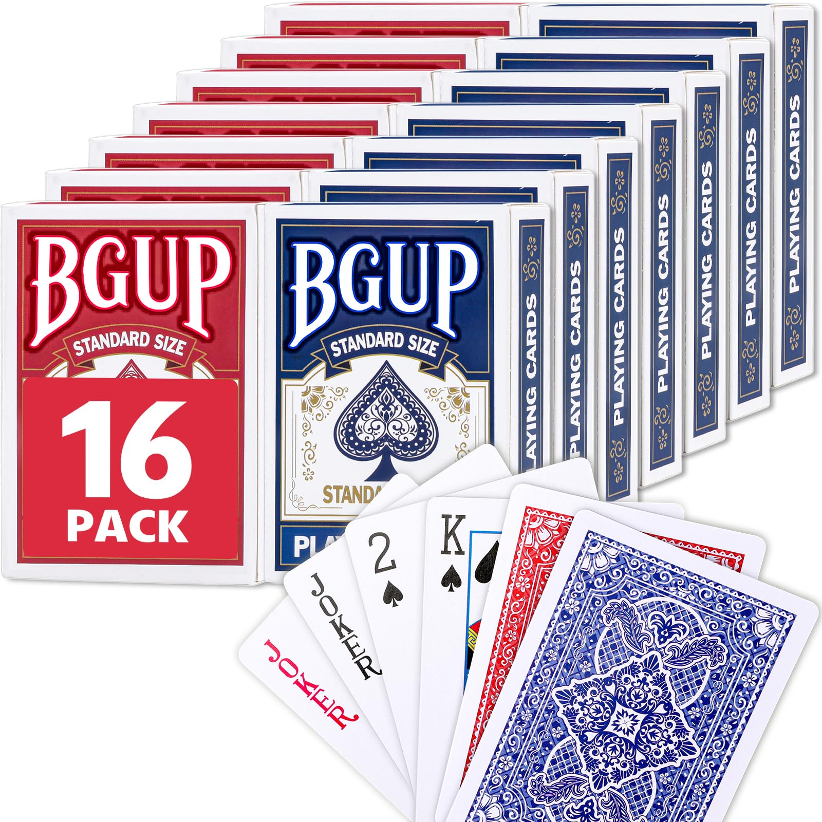 Playing Cards, 16 Decks of Cards Bulk Standard Size Poker Cards, Perfect for Classic Card Games, Party Games, Blackjack, Card Games for Families & Magic Performances (Red/Blue)