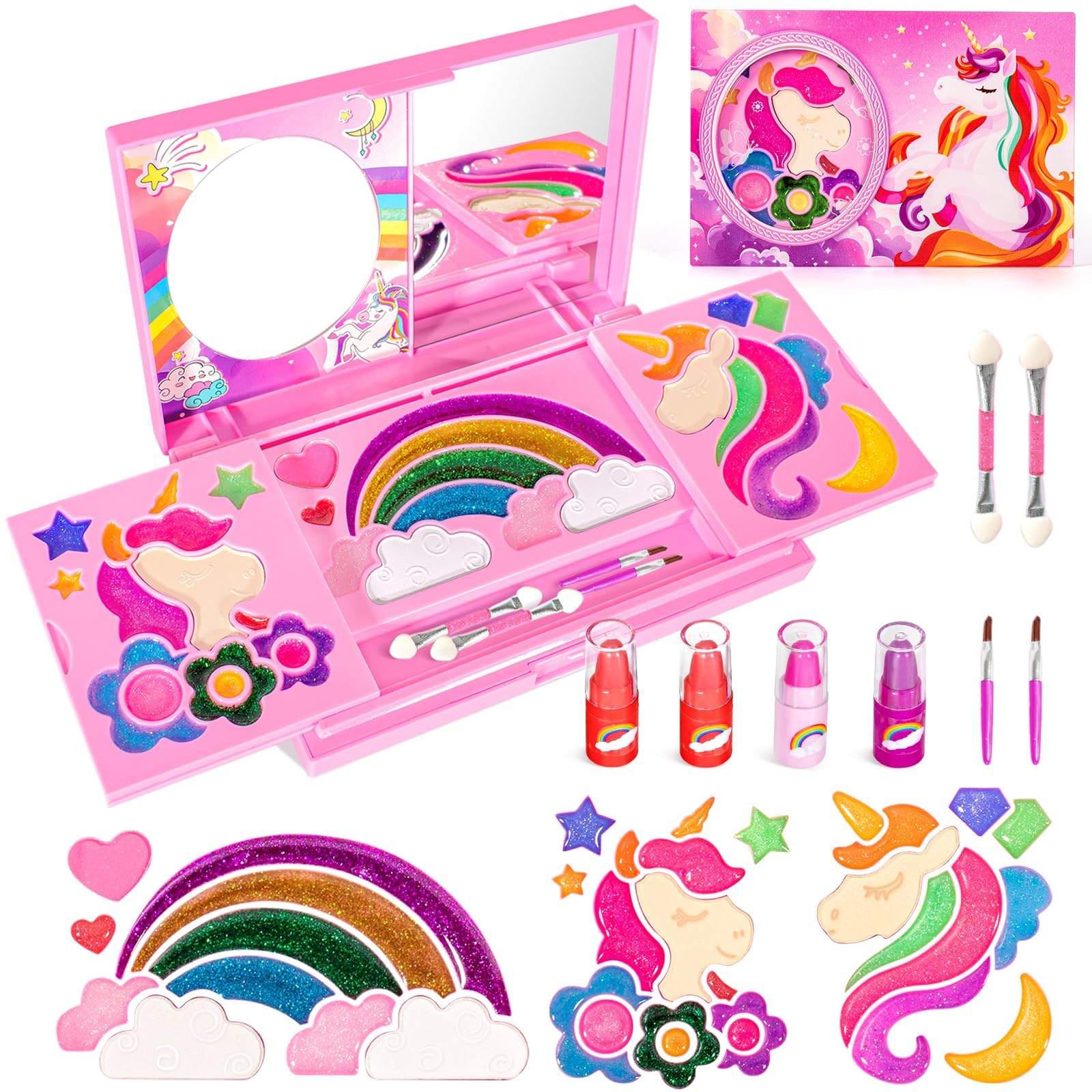 ULOVEME Girls Real Makeup Kit for Age 4-6 - 20-Color Washable Makeup Palette - Non-Toxic Unicorn Makeup Kit - Hypoallergenic Toddler Cosmetic Set for Princess Dress Up, Birthday Gift & Role-Play