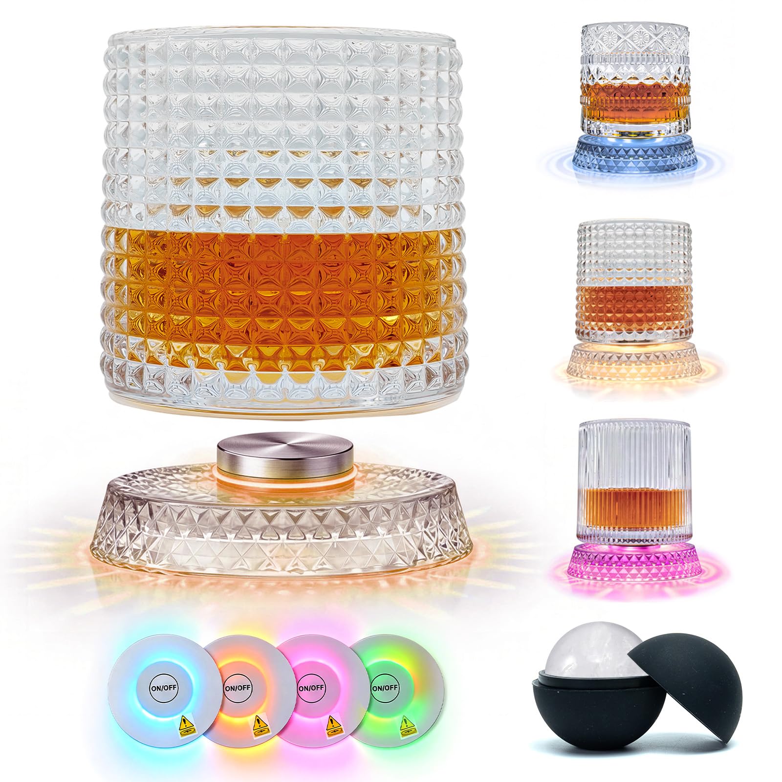 Spinning Whiskey Glass with Ambient Lighting Set, 360 Degree Rotating Crystal Tumbler with Vintage Ribbed Patterns & 4 Color Lighting, Cool Drinking & Bar Accessories (grid pattern)