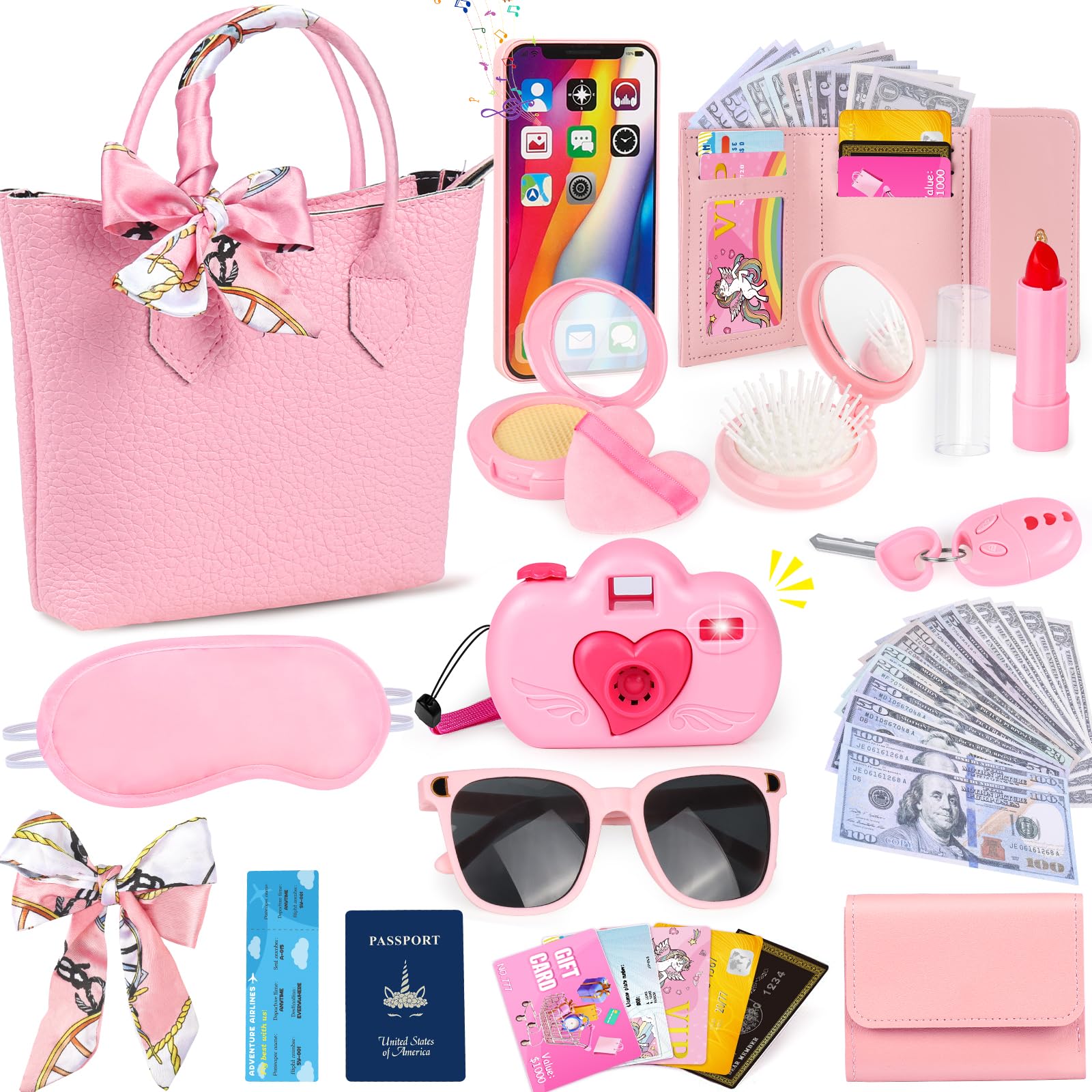 HUUIDY Toddler Play Purse Set, Pink Princess & Trip Themed Pretend Play Toys for Girls Ages 3+, Includes Handbag, Camera, Phone, Wallet, Fake Makeup, Travel Essentials
