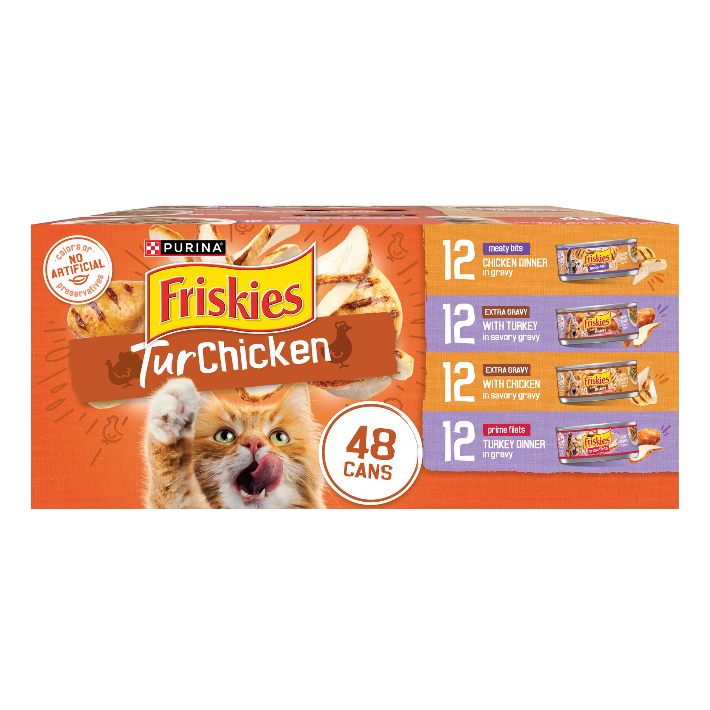 Purina Friskies TurChicken Turkey and Chicken Wet Cat Food Variety Pack with Meaty Bits, Prime Filets, and Extra Gravy, 48 ct.