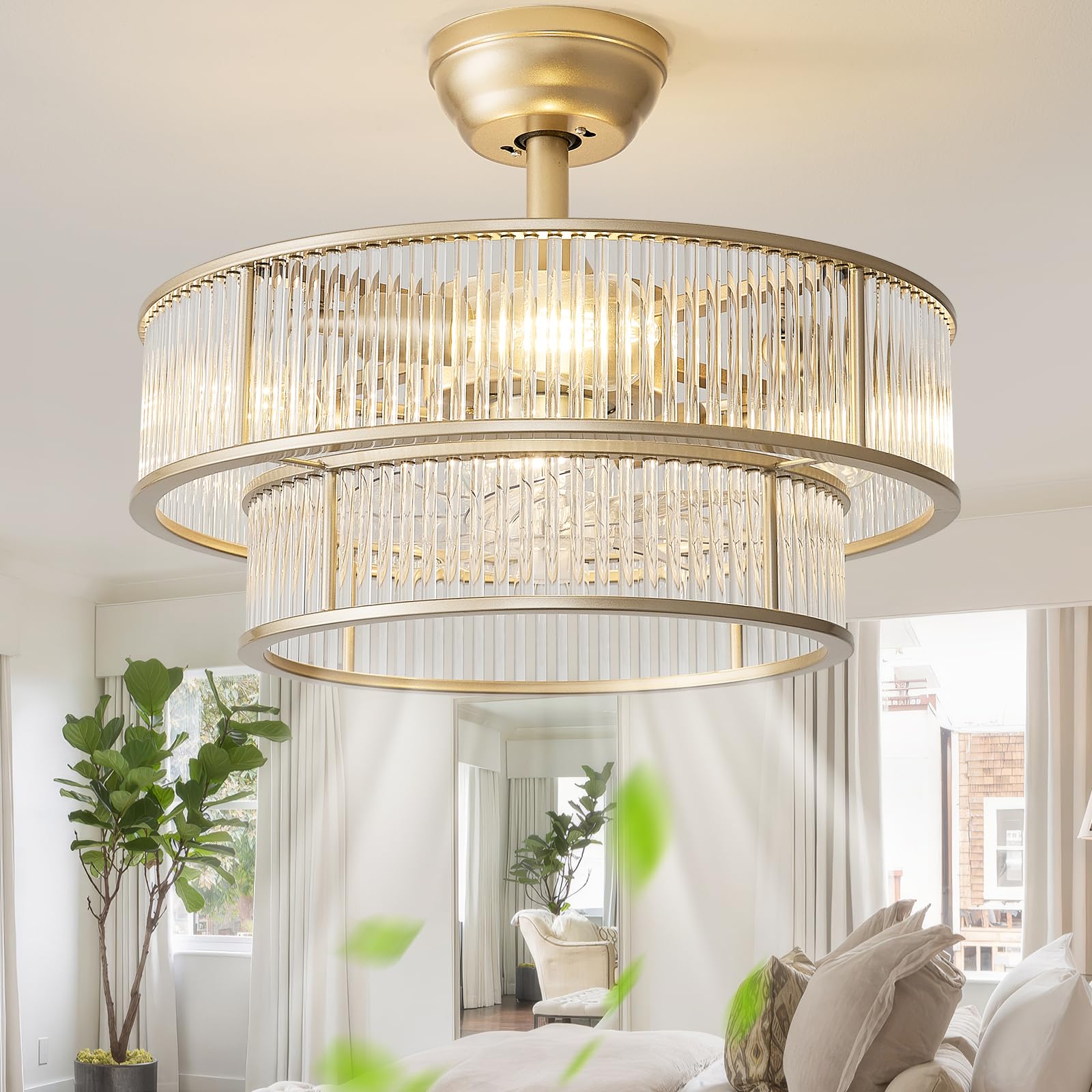 Gold Fandelier Ceiling Fans with Lights, 20" Gold Crystal Chandelier Ceiling Fan with Light Remote Control, Caged Mid Century with 6 Speeds for Bedroom, Living Room, Nursery