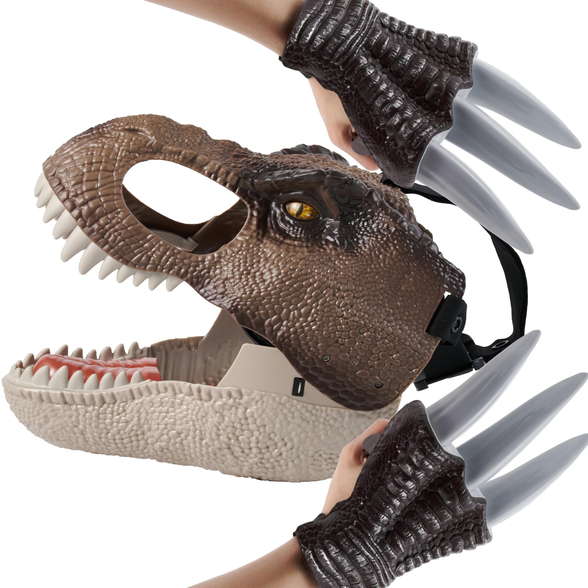 T-Rex Mask and Claw Set, Realistic Design with Dino Roars, Adjustable Strap, Non-Toxic Material, Includes 2 Taloned Gloves for Dress Up, Halloween, Pretend Play