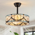 Tiffany Style Fandelier Ceiling Fan with Light and Remote Handmade Stained Glass Chandelier Ceiling Fan Black Caged Vintage Ceiling Fan for Bedroom,Living Room,Foyer(6 Speed,Timing,Adjustable Height)