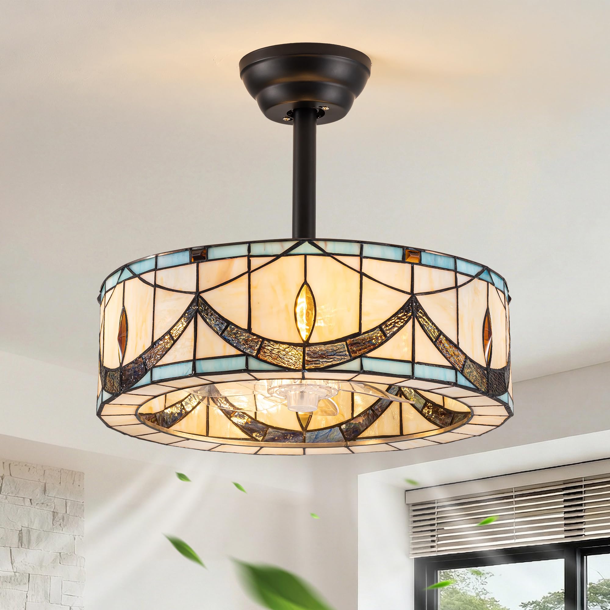 Tiffany Style Fandelier Ceiling Fan with Light and Remote Handmade Stained Glass Chandelier Ceiling Fan Black Caged Vintage Ceiling Fan for Bedroom,Living Room,Foyer(6 Speed,Timing,Adjustable Height)