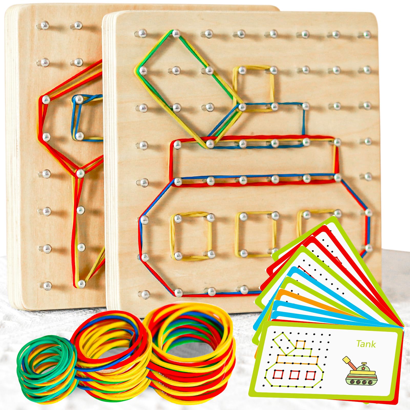 CHEROSIN 2Pack Wooden Geoboard Montessori Toys - Wood Geo Board Manipulative Geoboards for 4 5 6 Year Old Kids with Pattern Cards and Rubber Bands,Brain Teaser STEM Toy for Boys Girls Ages 3-6