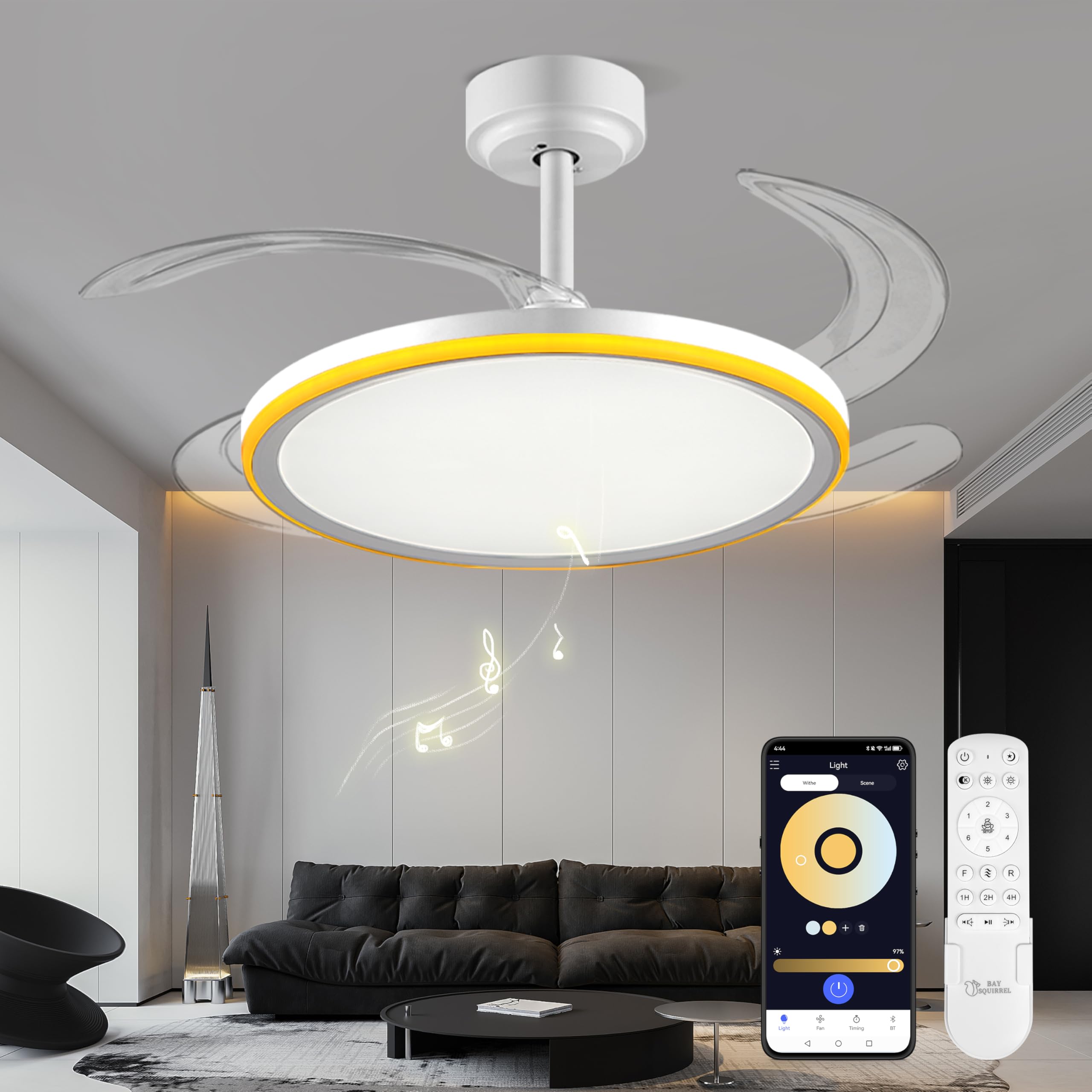 BAYSQUIRREL Slim Retractable Ceiling Fan with Light and APP/Remote Control, 42inch Modern Smart Ceiling Fan with Bluetooth Speaker, Dimmable Full Spectrum with Memory, 6-Speed Reversible Fan,White