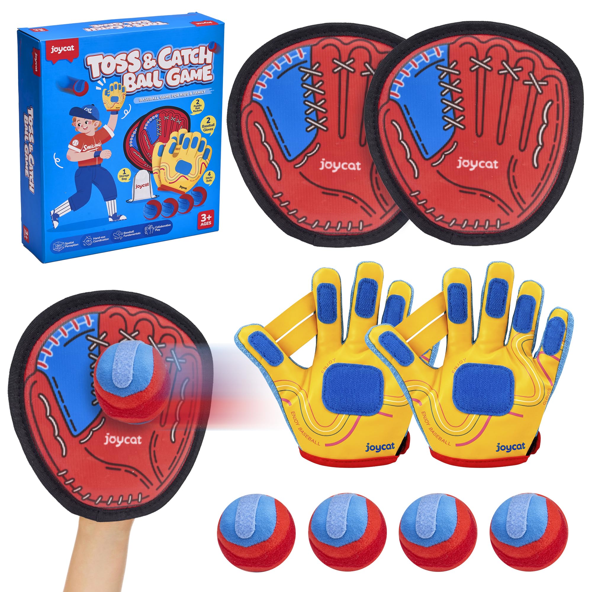 JoyCat Toss and Catch Ball Game with 2 Gloves for Kids & 2 Paddles for Adult or Kids, Outdoor Toys for Family Camping, Beach & Yard Games, Toddler Baseball Glove, Gifts for 3-12 Year Old