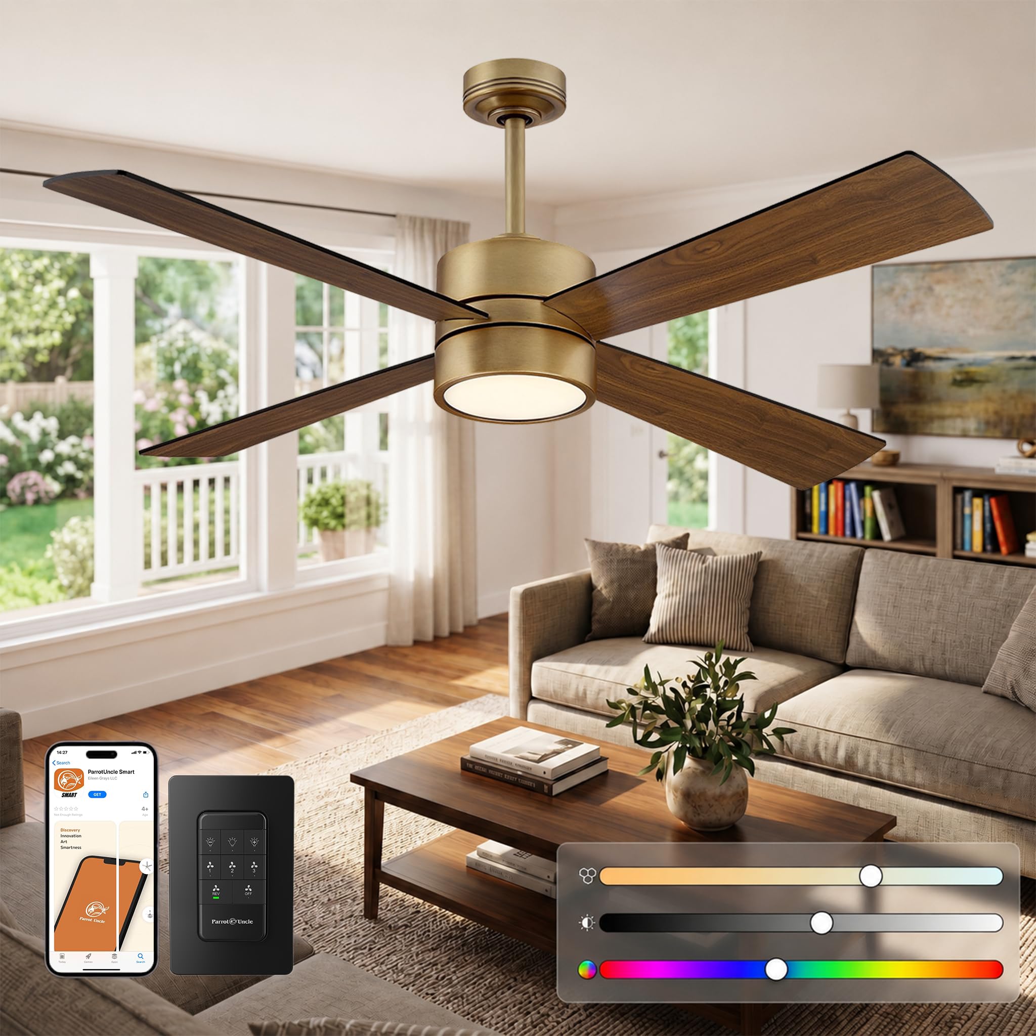 Gold Ceiling Fans with Lights and Remote /APP Control, 52 Inch Chandelier Ceiling Fan for Bedroom Living Room, Vintage Brass Outdoor Ceiling Fan Low Profile, RGB for Party, 6-Speed Reversible DC Motor