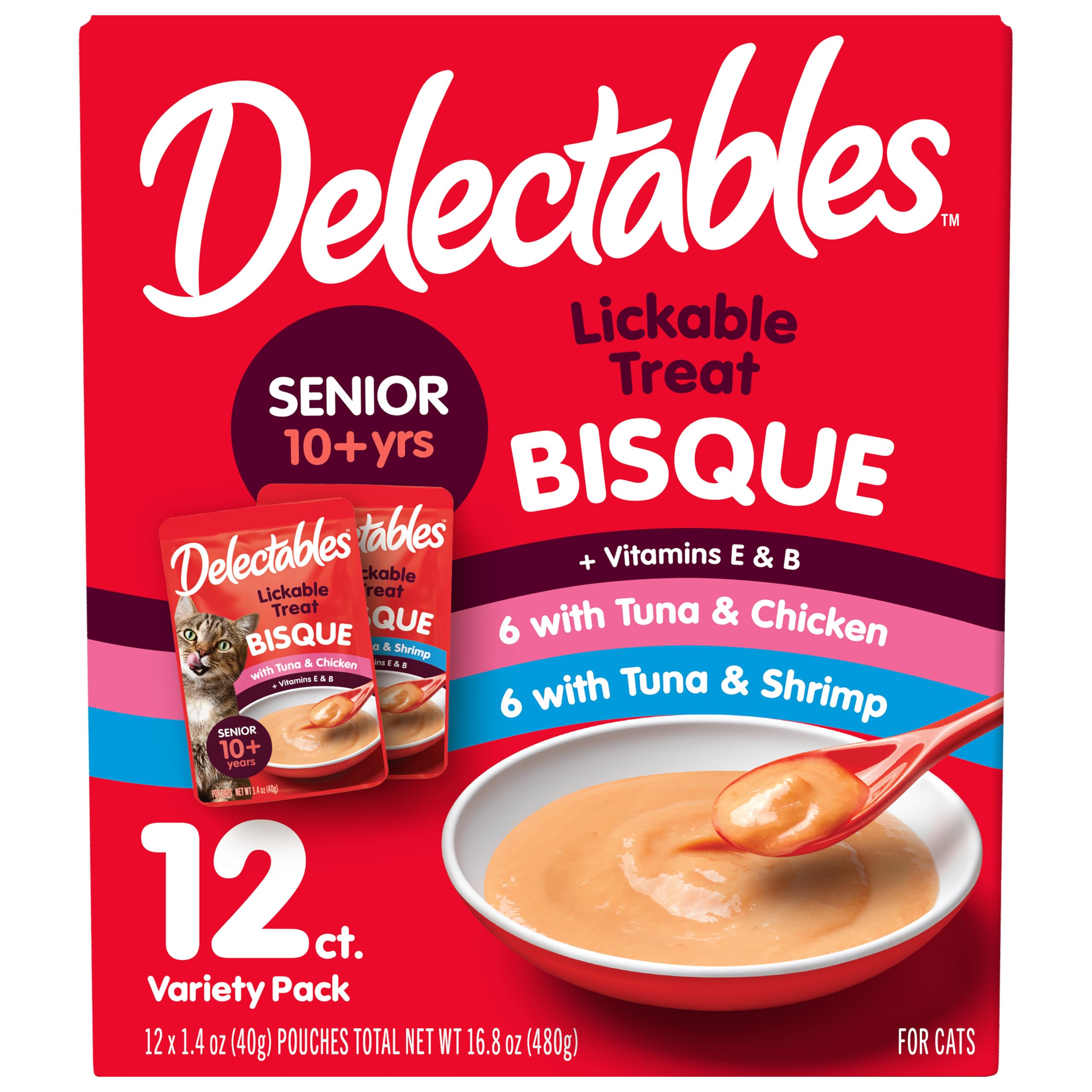 Delectables Lickable Treat Bisque Senior 10+ Wet Cat Treat Variety Pack, Food Topper, Hydrating, Grain-Free, No Fillers, No By-Products, No Added Preservatives, 1.4oz Pouch, 12ct
