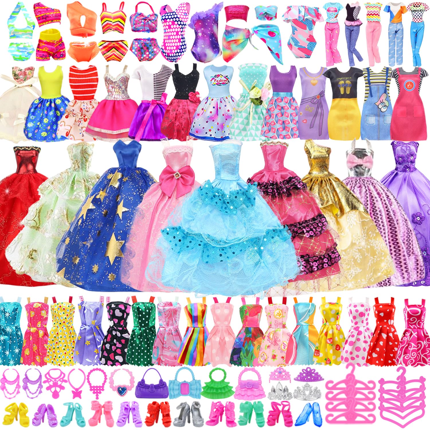 Ecore Fun 99 Pcs Doll Clothes Outfits and Accessories- 5 Princess/ Wedding Gowns 12 Fashion Dresses 2 Leisure Outfits 2 Bikini Swimsuits 10 Shoes and 57 Accessories for 11.5 inch Dolls,Girl Gift